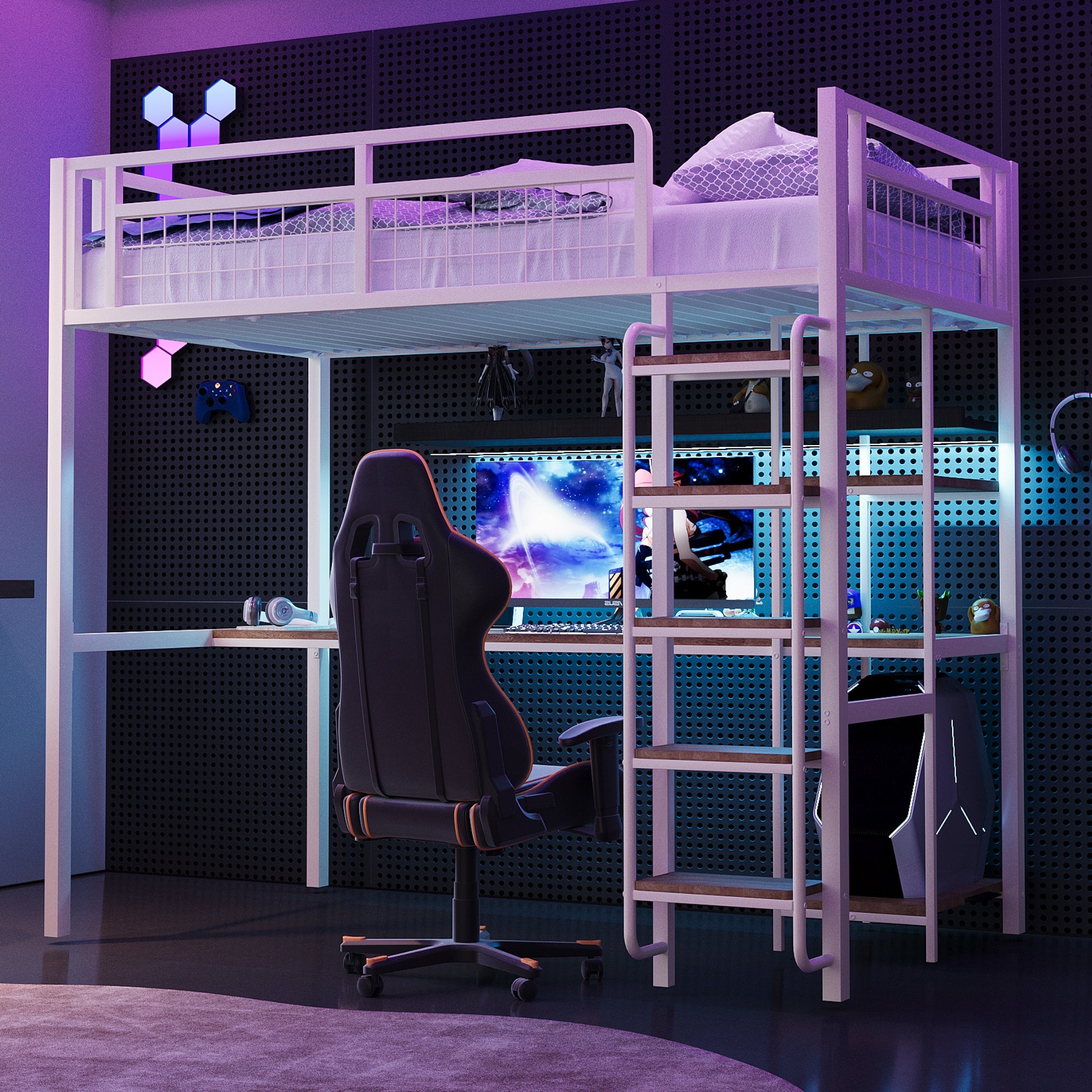 Metal Loft Bed with Safety Ladder, Table & Shelves, White