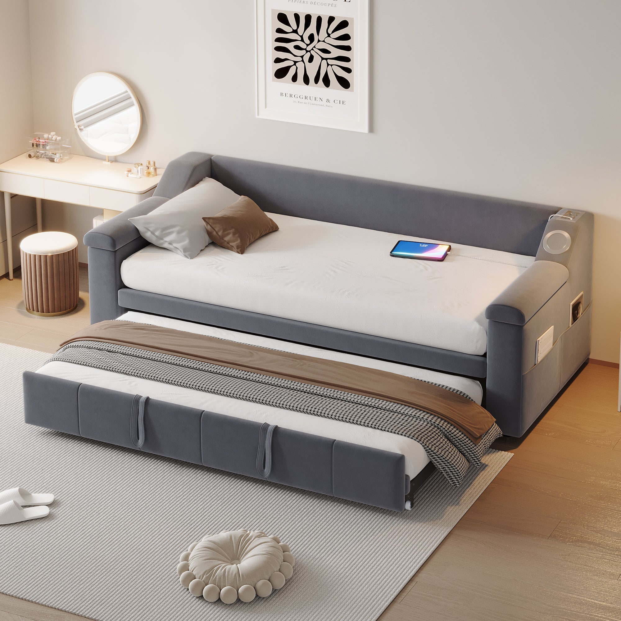 Upholstered Sofa Bed, 90/180*190cm Bluetooth Stereo USB Storage, Grey Velvet