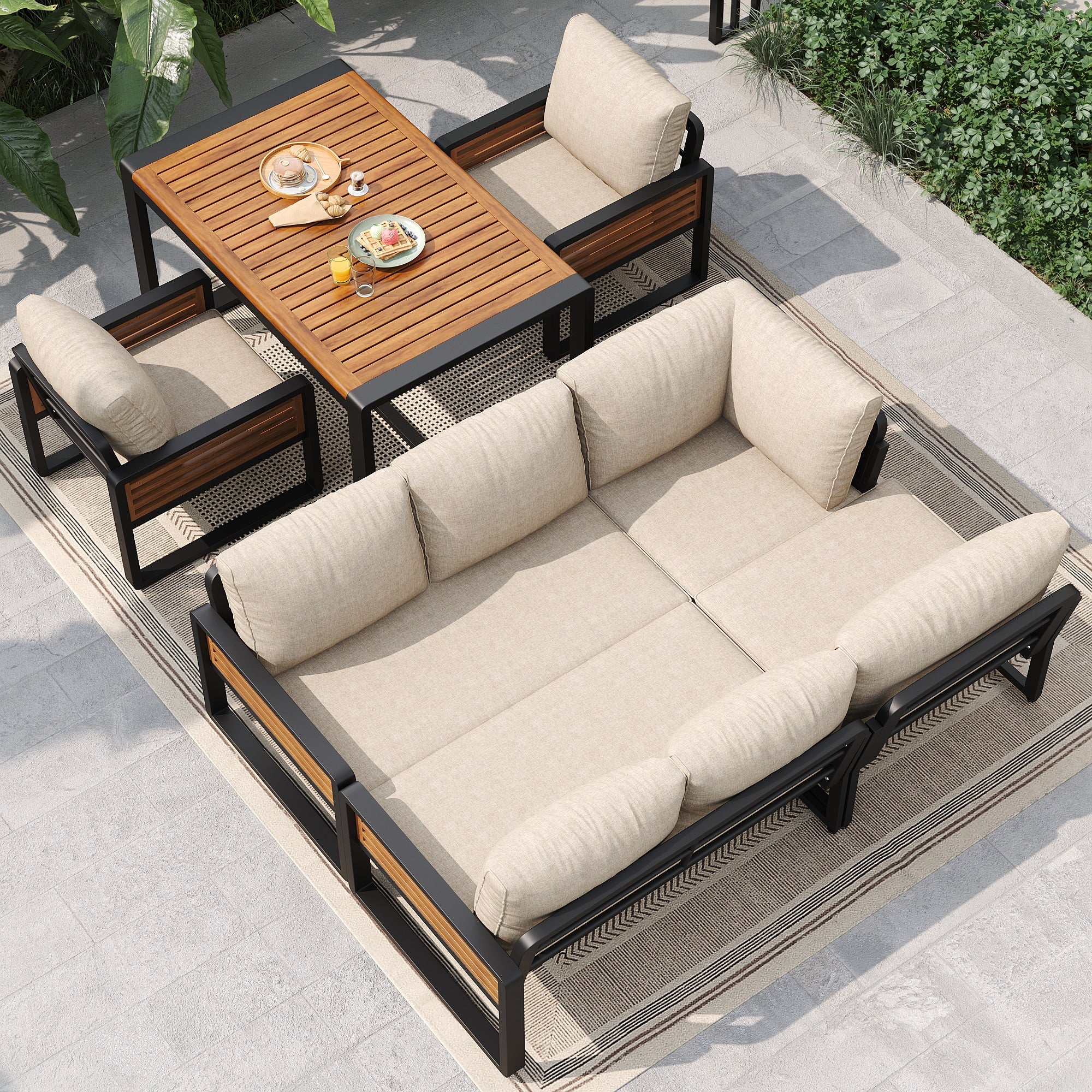 Garden Lounge Set with Solid Wood Dining Table for 8 People, Beige
