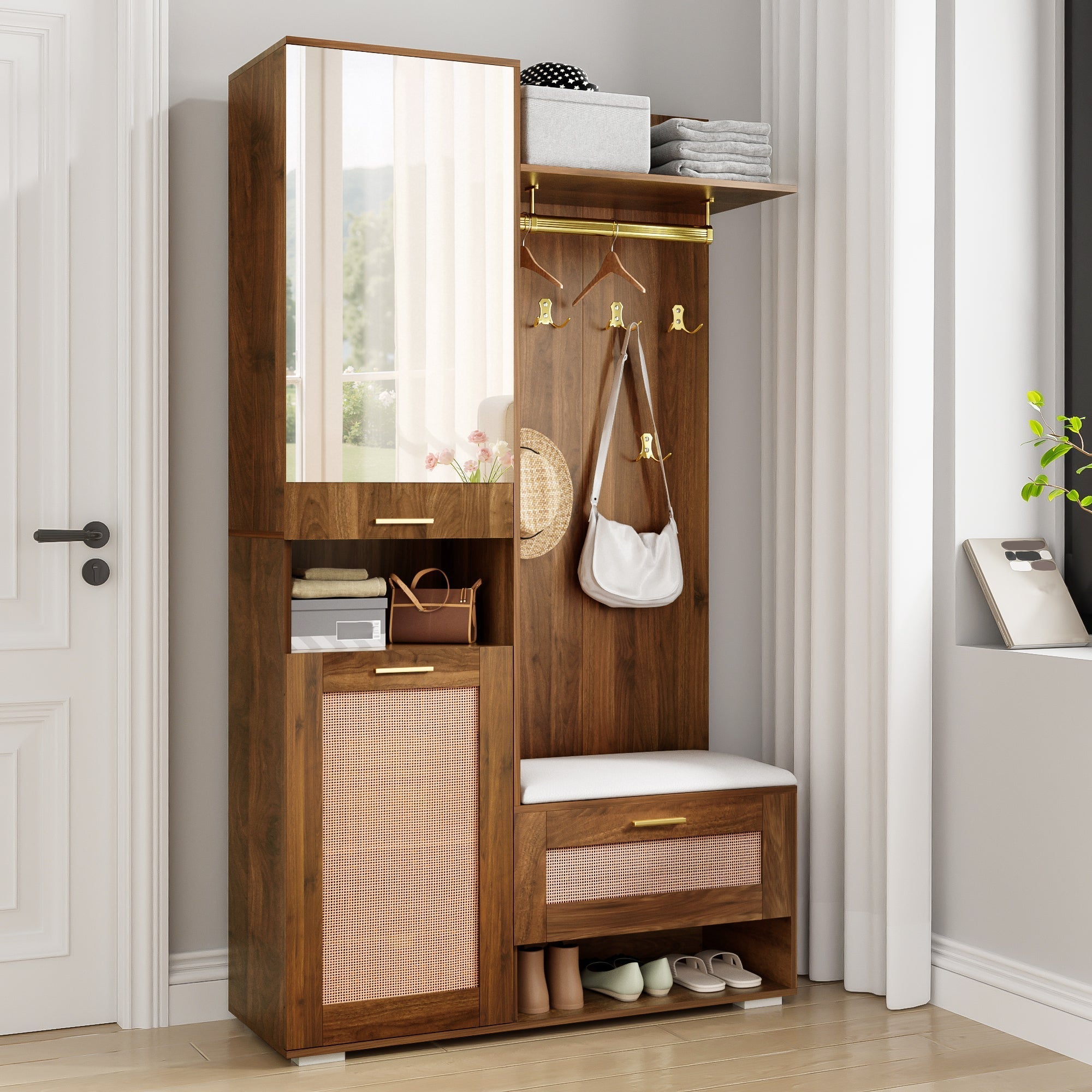 Wardrobe Set Mirror Shoe Cabinet Bench 6 Hooks - 16-Color LED Lighting