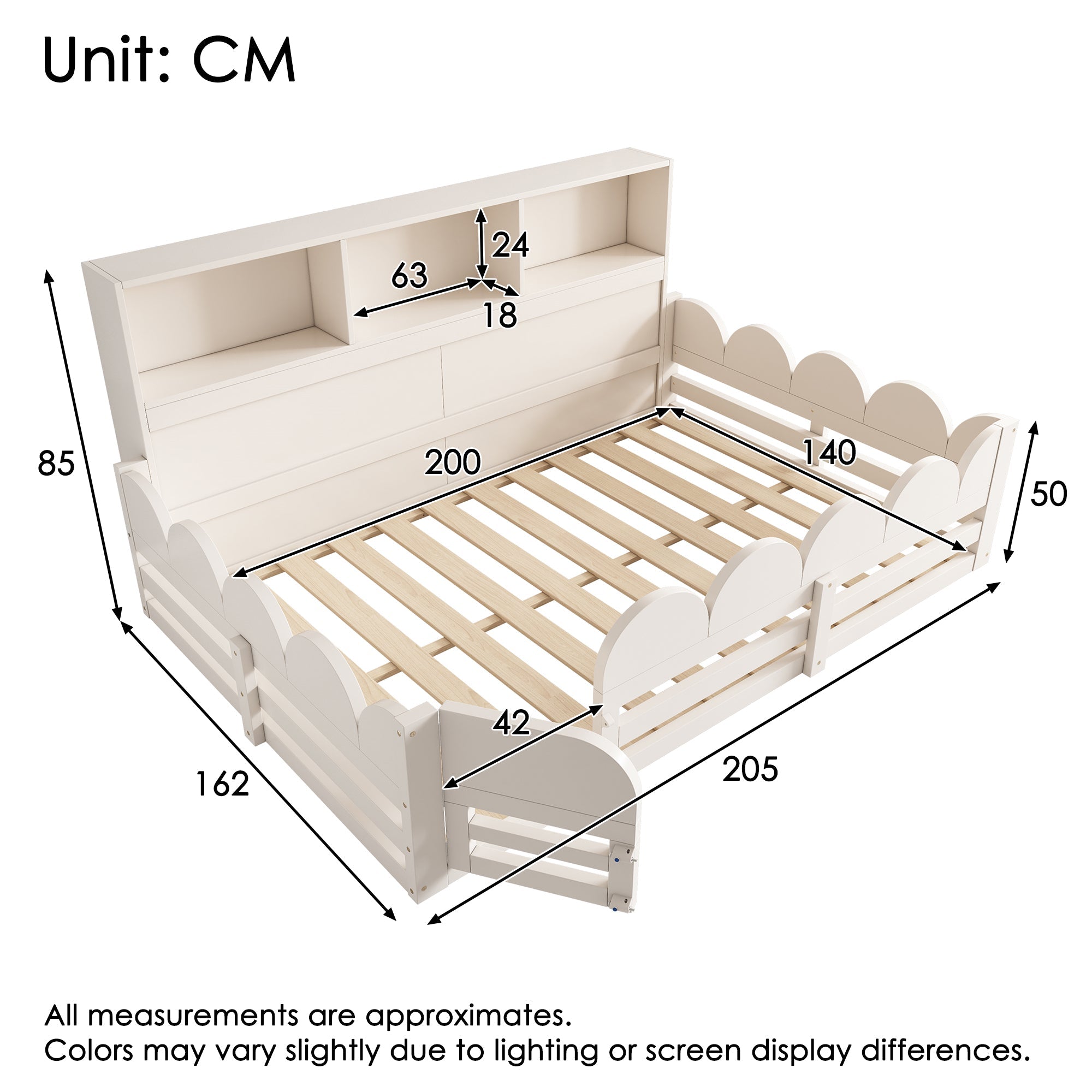 Children's Floor Bed with Fall Protection, Door, Slatted Base and Shelf, 140x200cm, White Wood