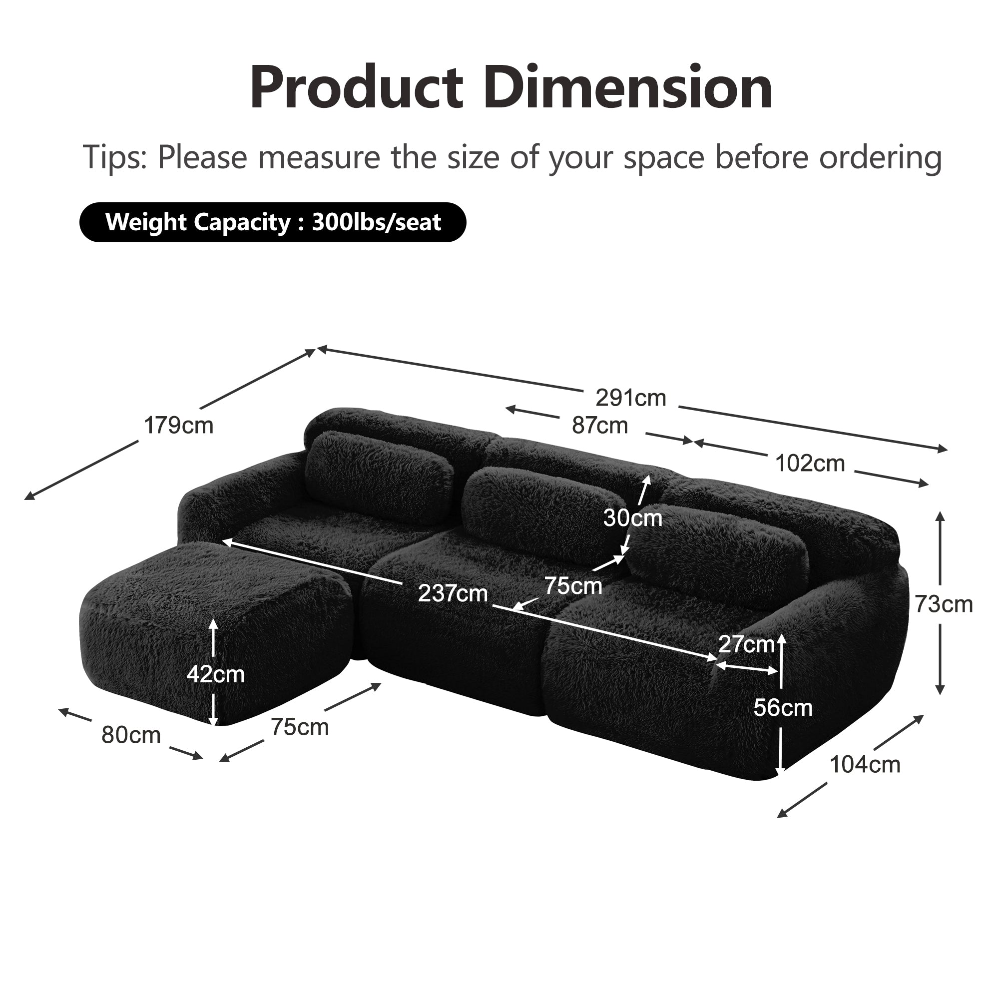 L-shaped Modular Sofa Frameless Deep Seating - Black Plush Fabric