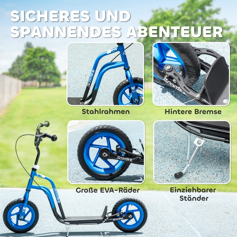 Children's Scooter with Adjustable Handlebars, Large Wheels and Handbrake, Blue