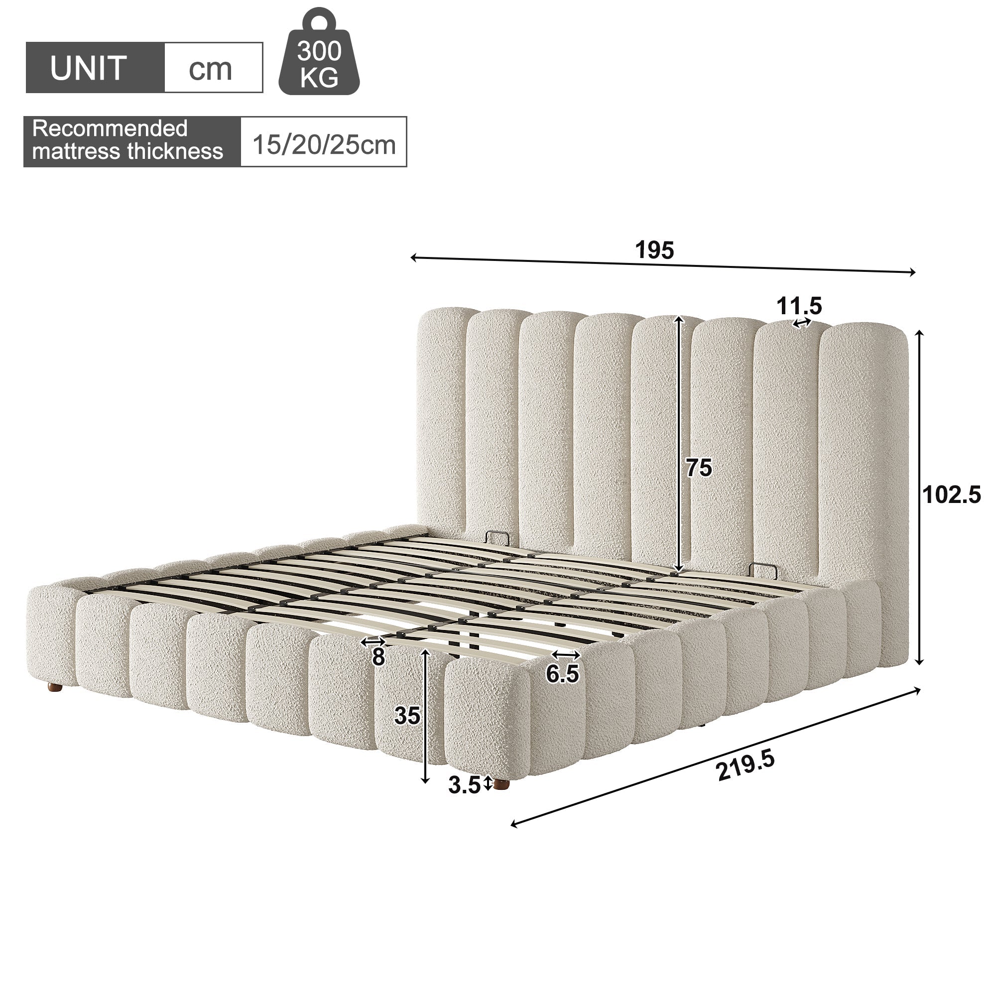 Upholstered Double Bed 180x200cm Hydraulic Storage Bed with Slatted Frame White Bouclé