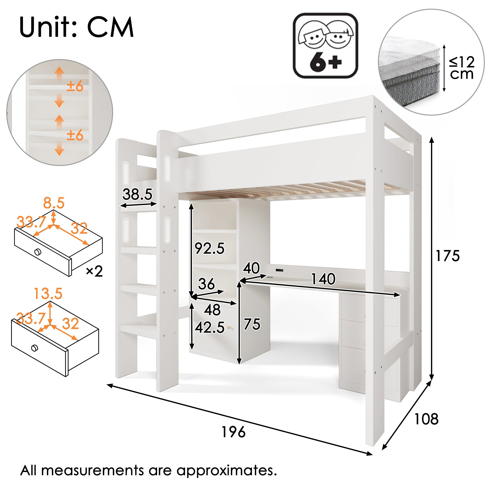Kids' High Sleeper Bunk Bed with USB-C Desk, Bookshelf, Stairs, & Storage, White