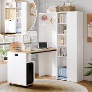 Folding Desk with Shelves, 2-in-1 Bookshelf, USB, Adjustable, White