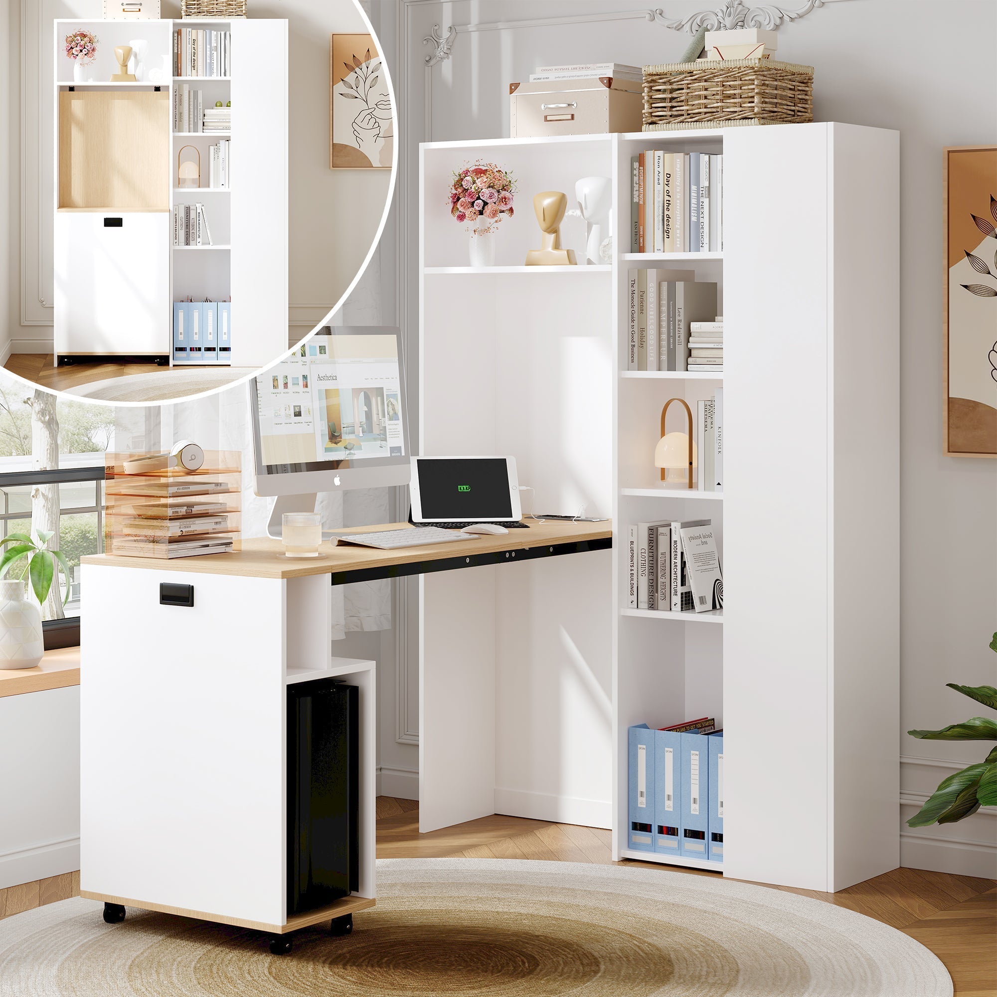Folding Desk with Shelves, 2-in-1 Bookshelf, USB, Adjustable, White