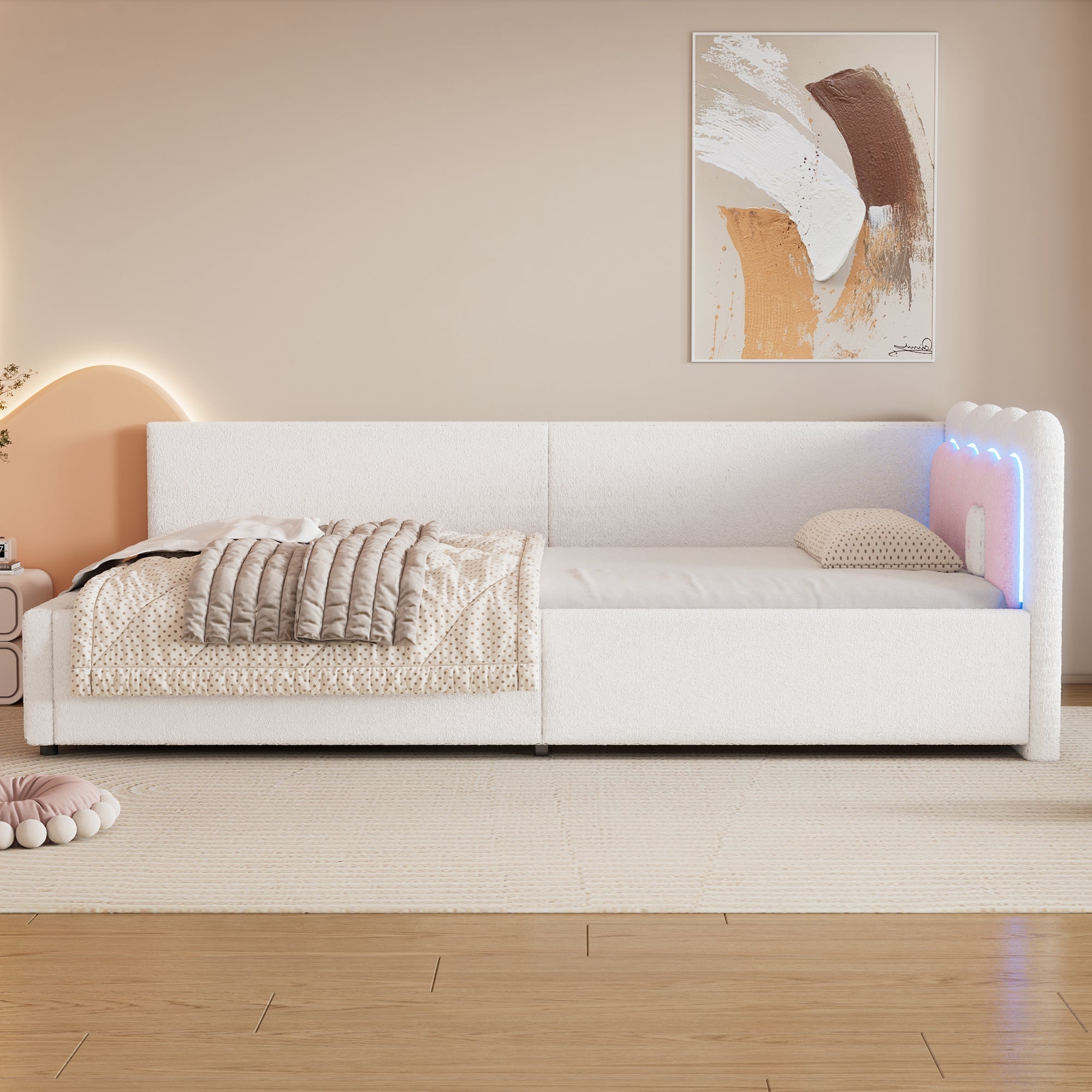Daybed Sofa Bed 90x200cm LED Remote Control - White Imitation Fleece