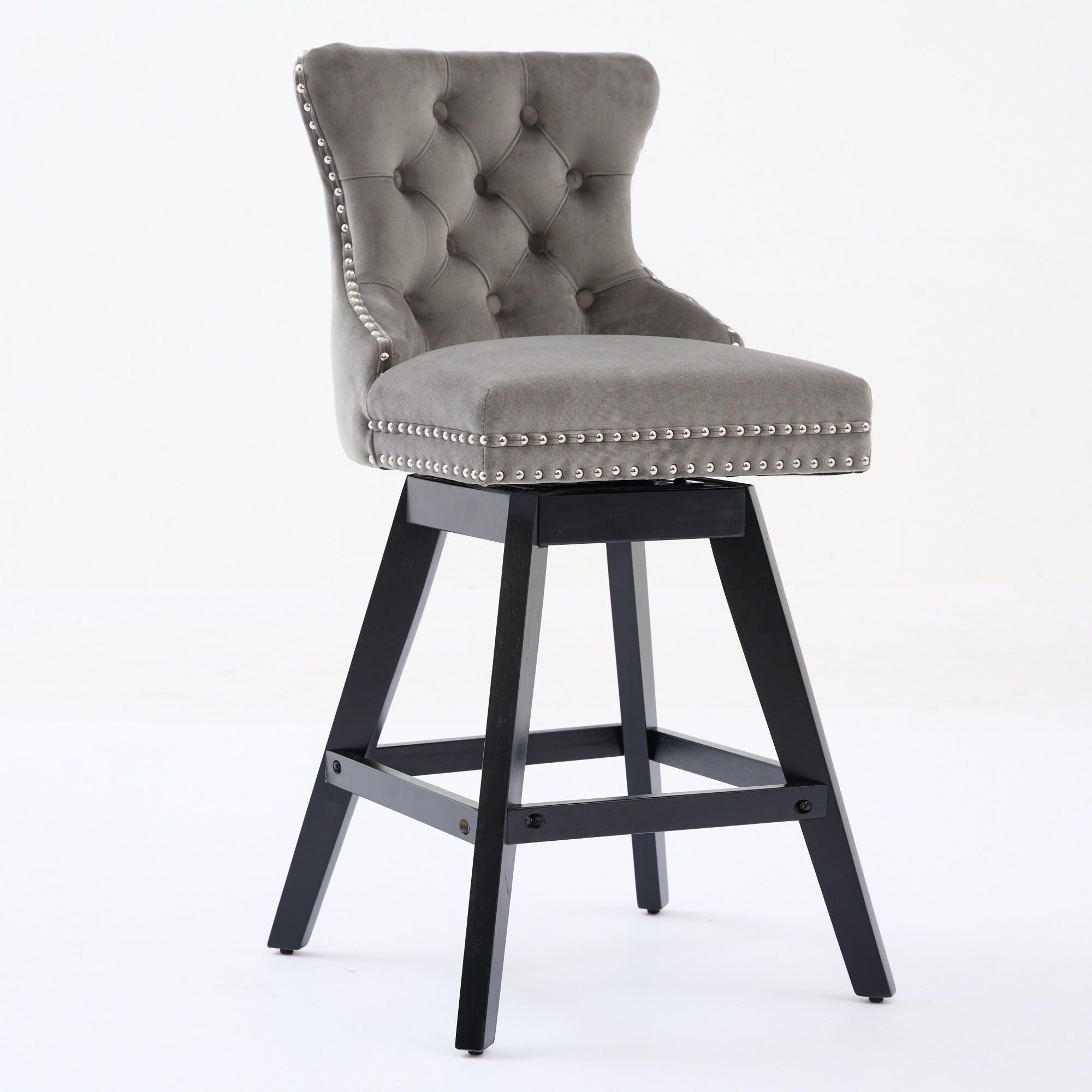 Swivel Barstools Velvet Button Tufted Wooden Legs Set of 2 - Gray