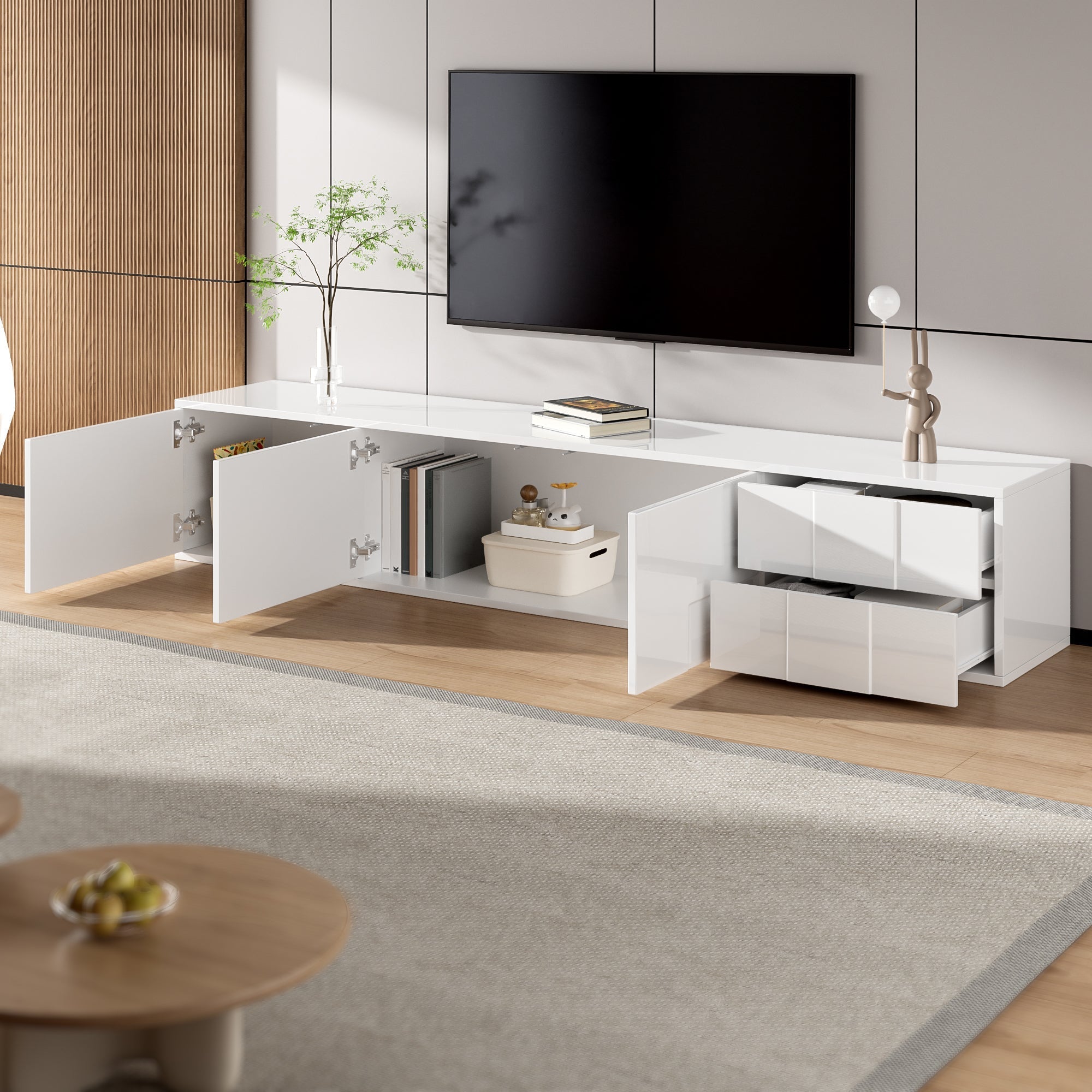 Modern TV Stand 170cm, Floating/Freestanding, 3 Doors 2 Drawers, High-Gloss White