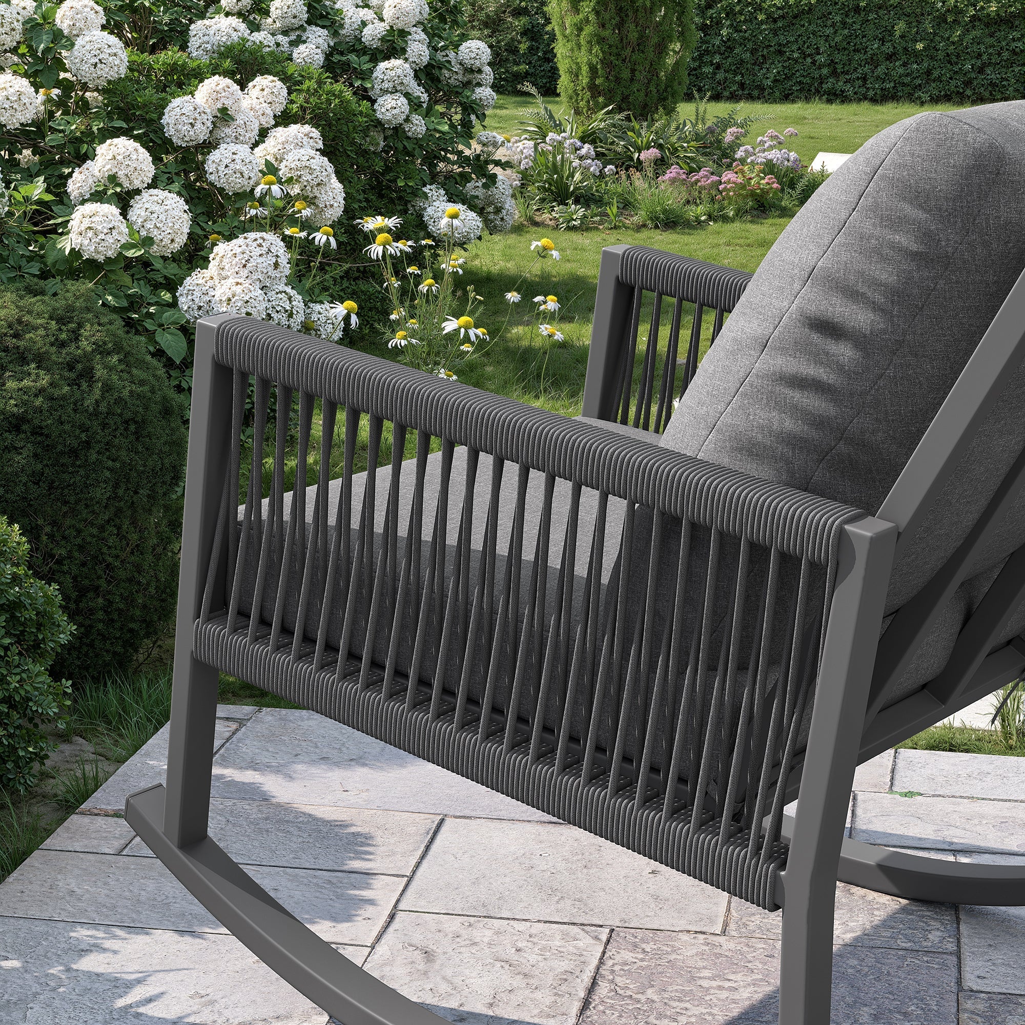 Outdoor Rocking Chair with Cross-Rope Weaving and Weatherproof Metal Frame, Grey Metal
