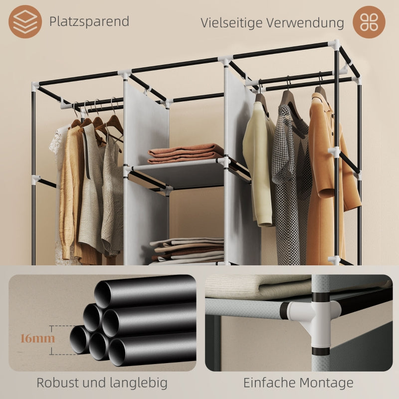 Fabric Wardrobe 8 Shelves 2 Clothes Rails - Grey
