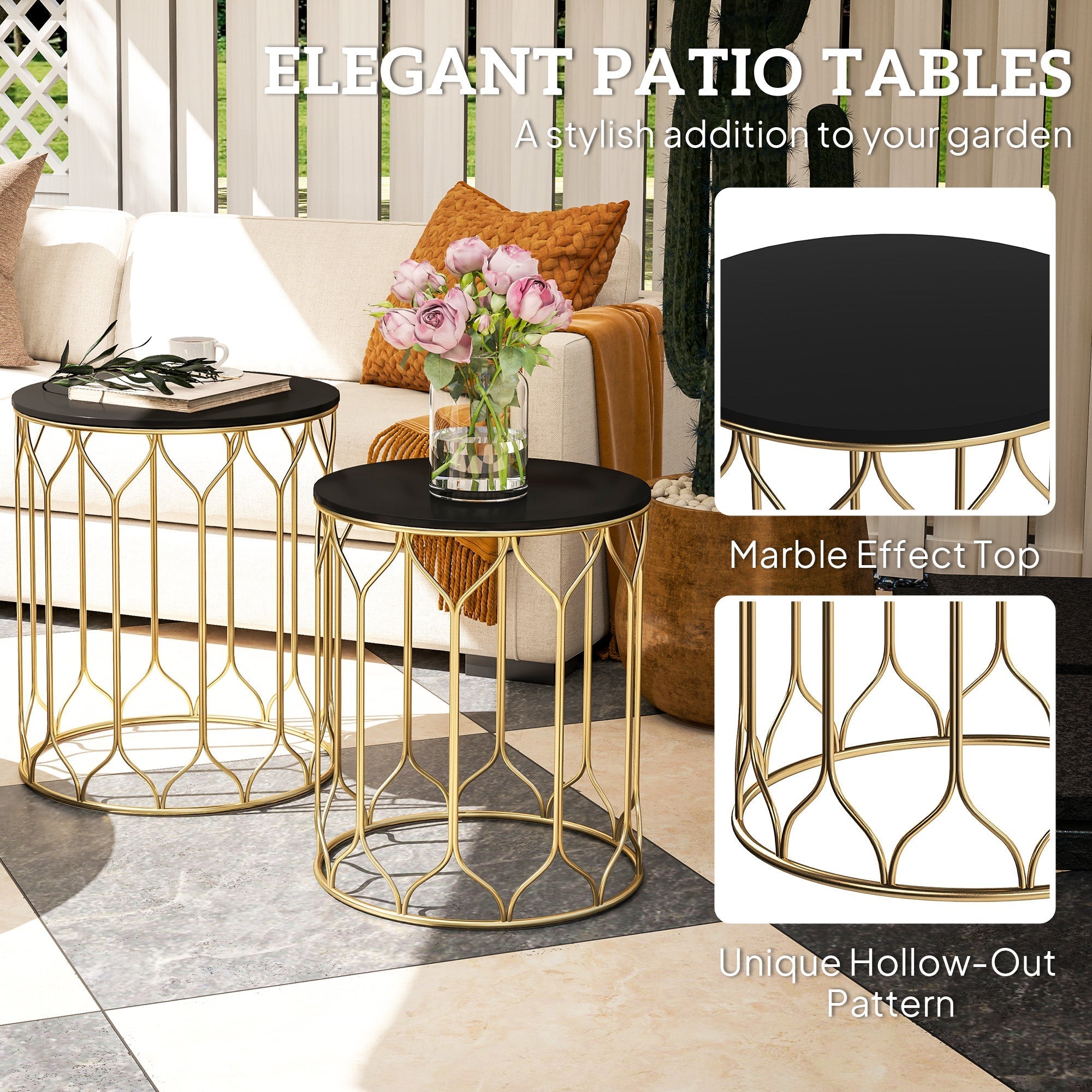 Round Coffee Table Set of 2, Modern Nesting Tables with Ceramic Tile Top and Metal Frame, Black