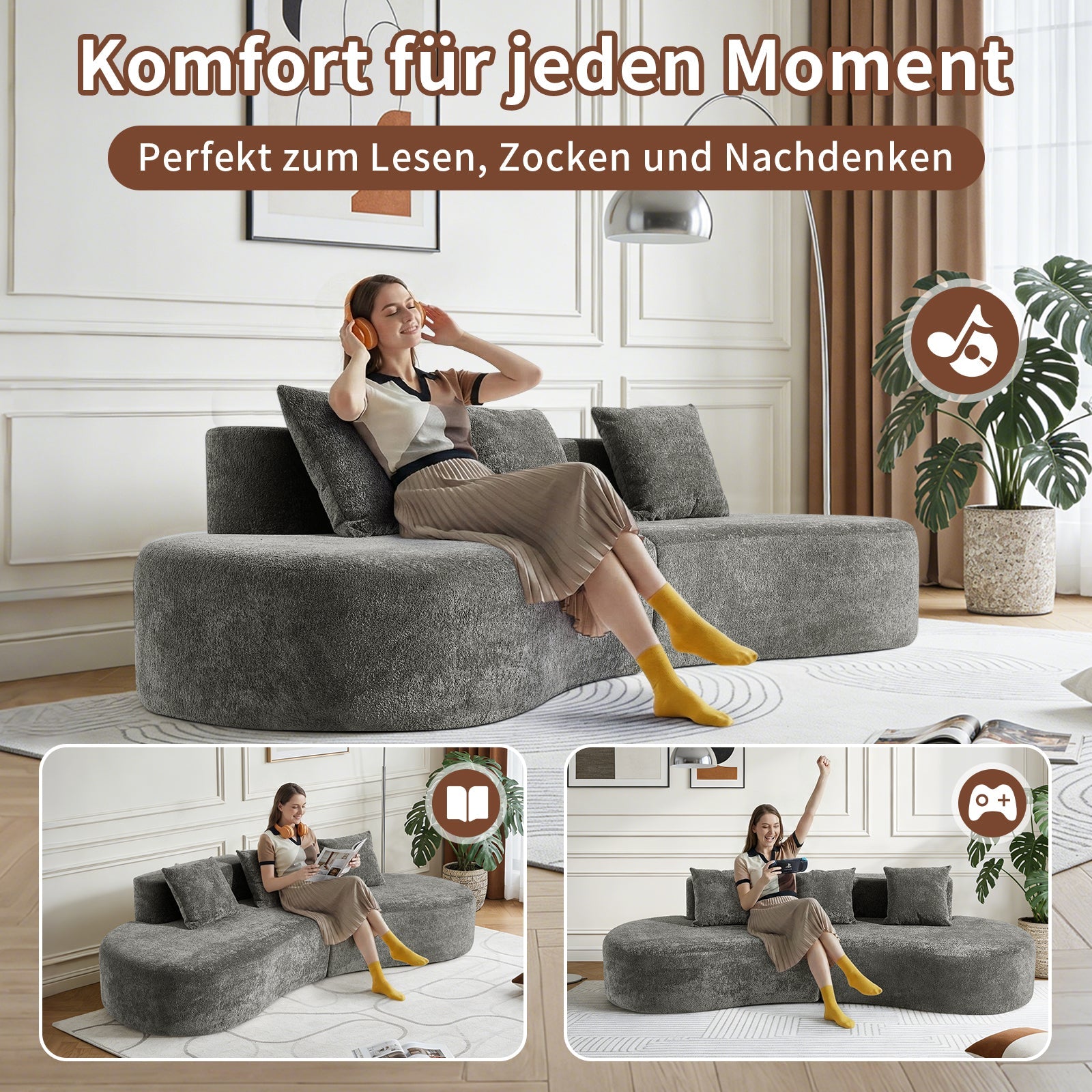 Corner Sofa Modern Curved 3-Seater - Bouclé