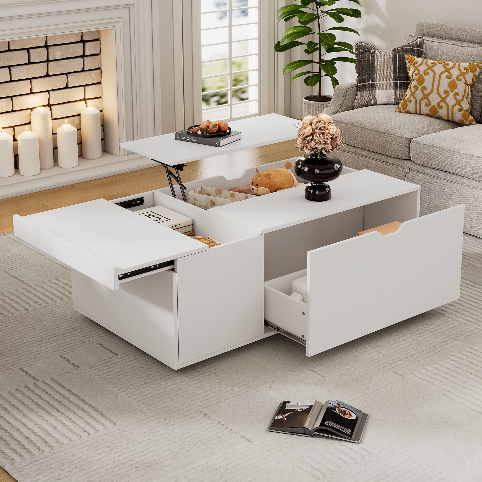 Lift Up Coffee Table with Drawer, Wooden, White