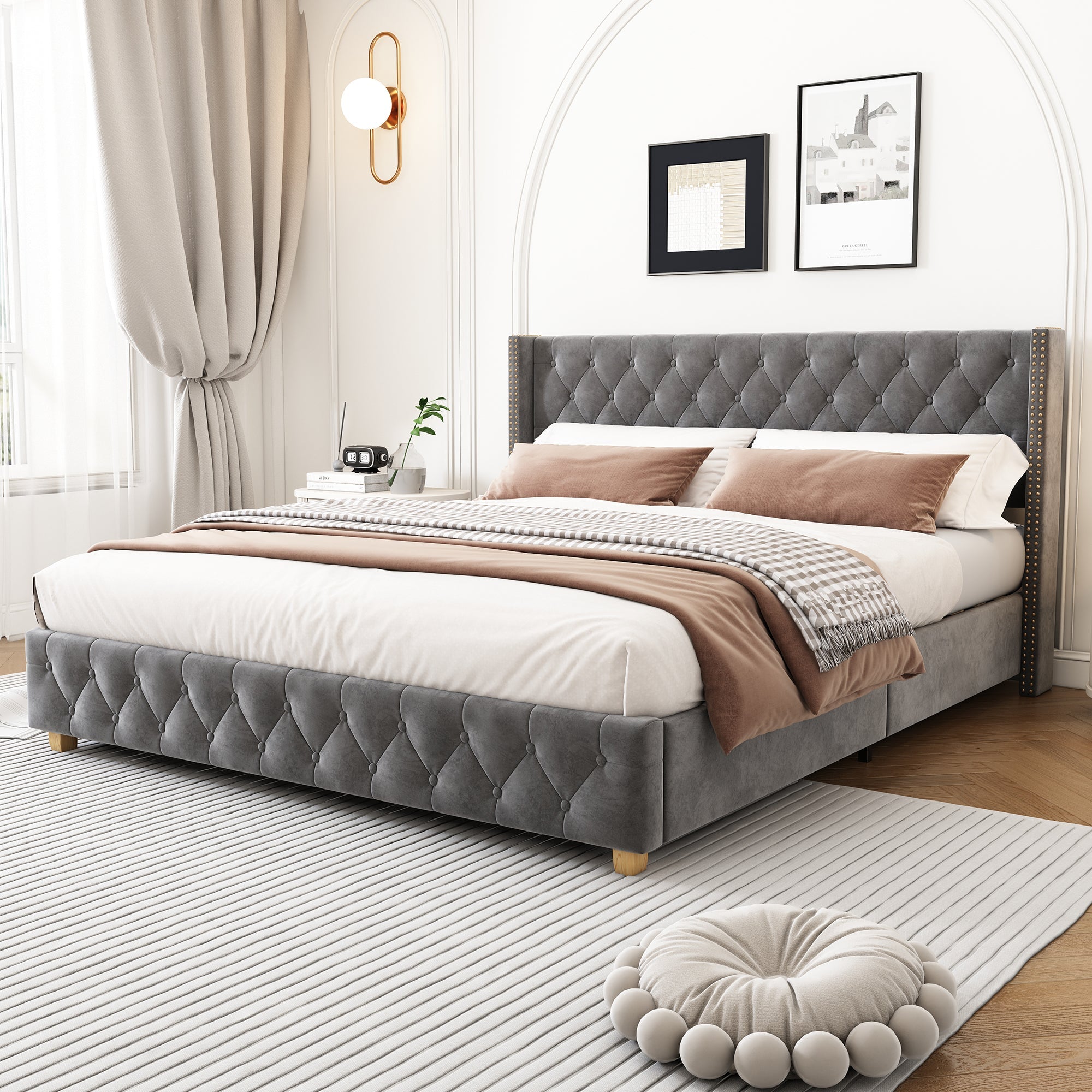 Lit rembourré 140x190cm Tête de lit Sommier à lattes Boutons Rivets Pieds en bois Velours gris