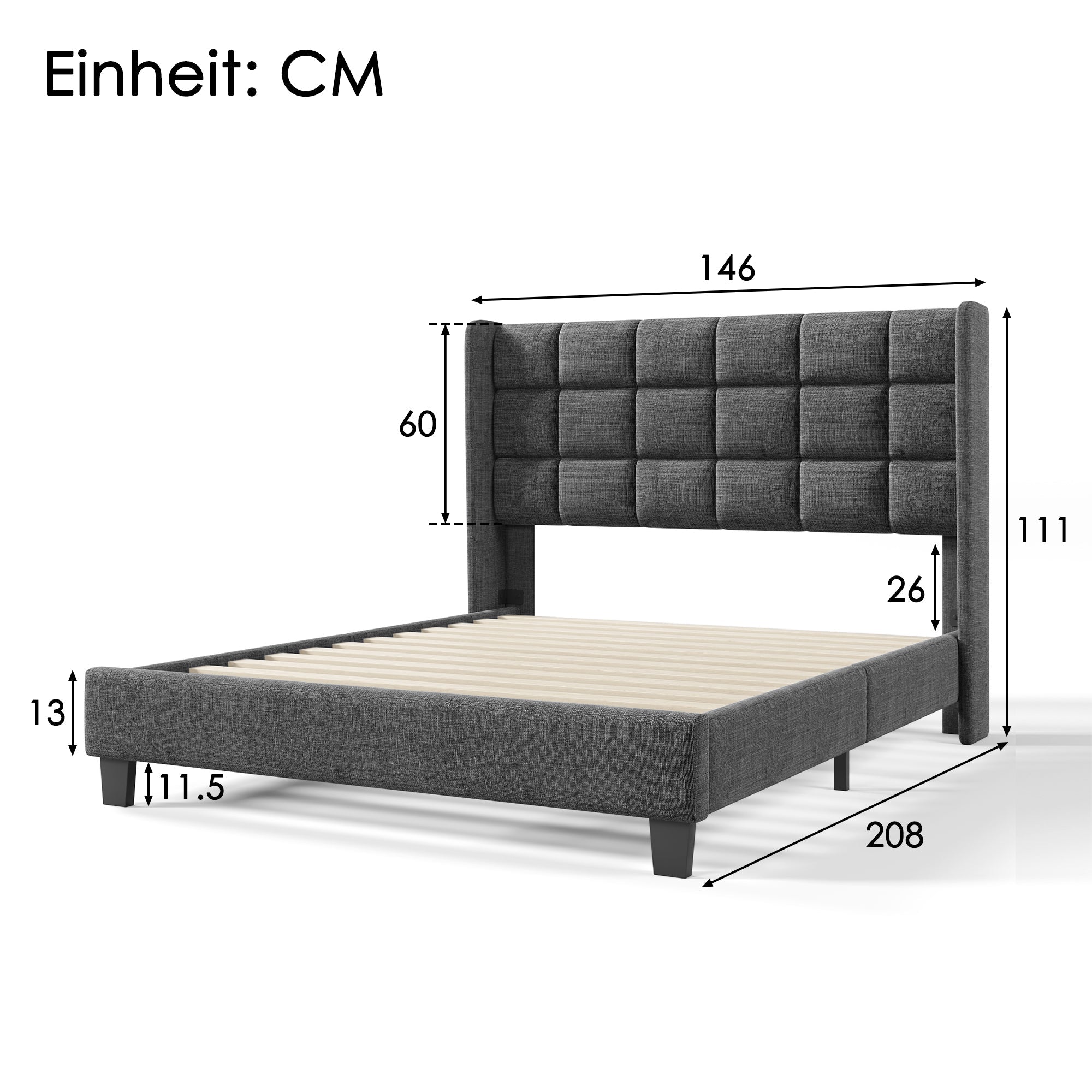 Upholstered Bed with Headboard, Slatted Frame, 140x200cm, Grey Linen