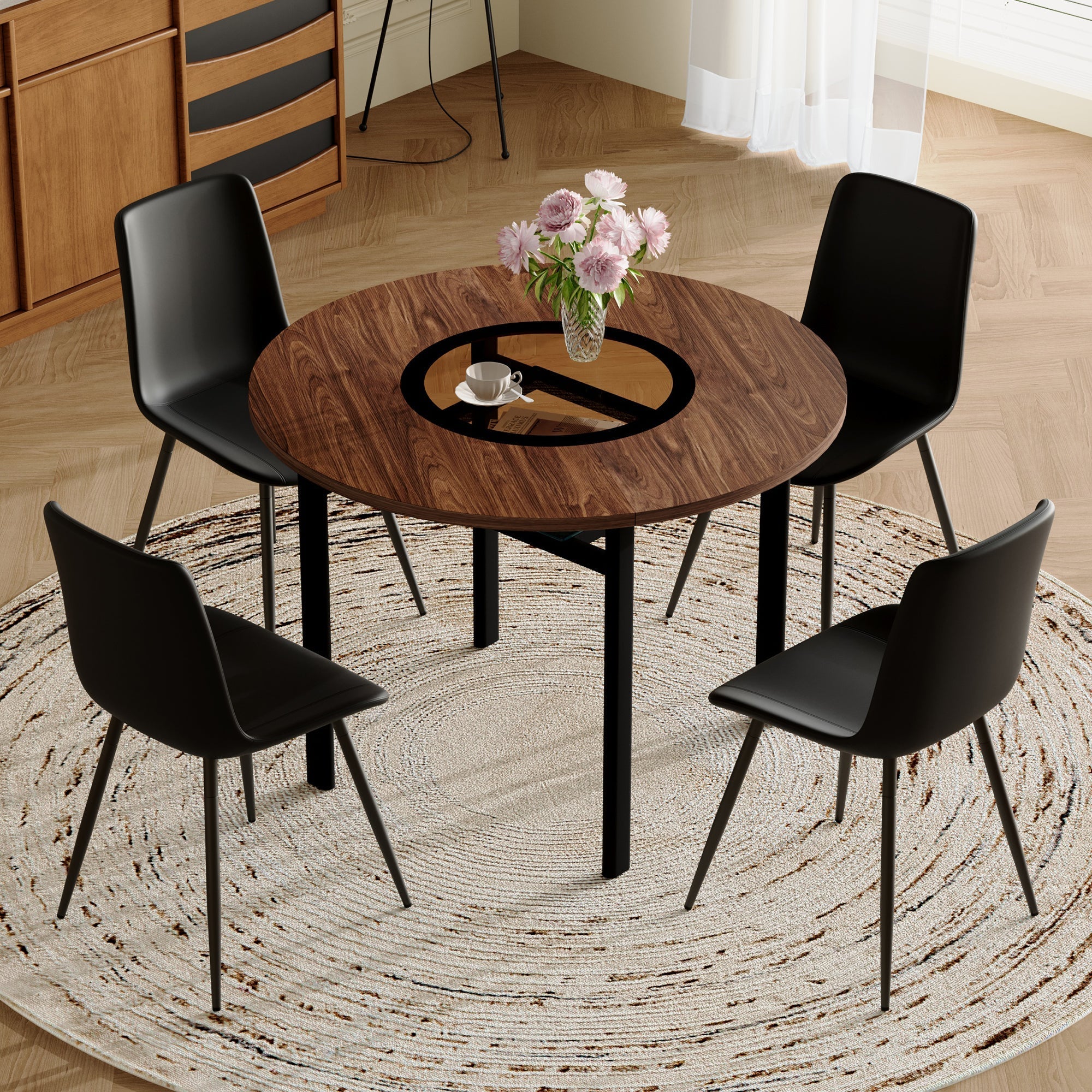 Round Dining Set 100cm Integrated Storage 4 Chairs - Brown Wood Look/Black PU
