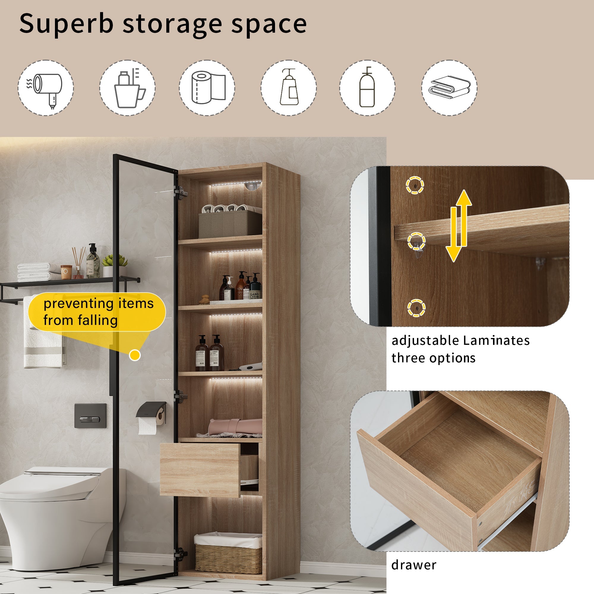 Bathroom Cabinet, Medium 40cm Light Strip 1 Drawer 1 Glass Door