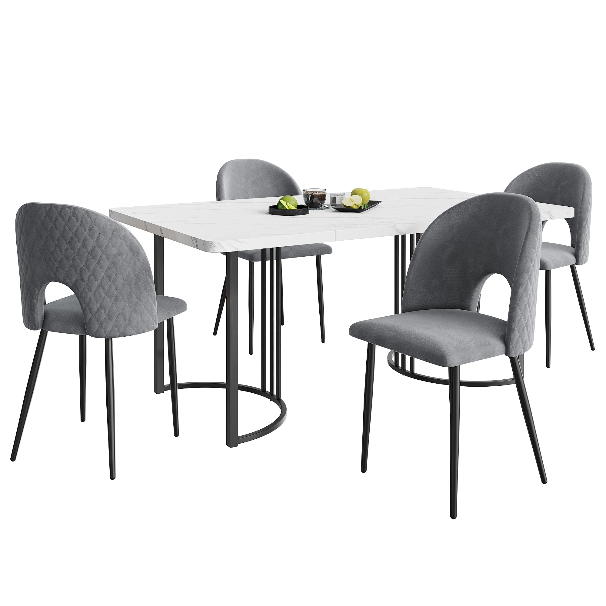 Dining Set, 140x80cm with 4 Chairs, Velvet, Gray/White/Black