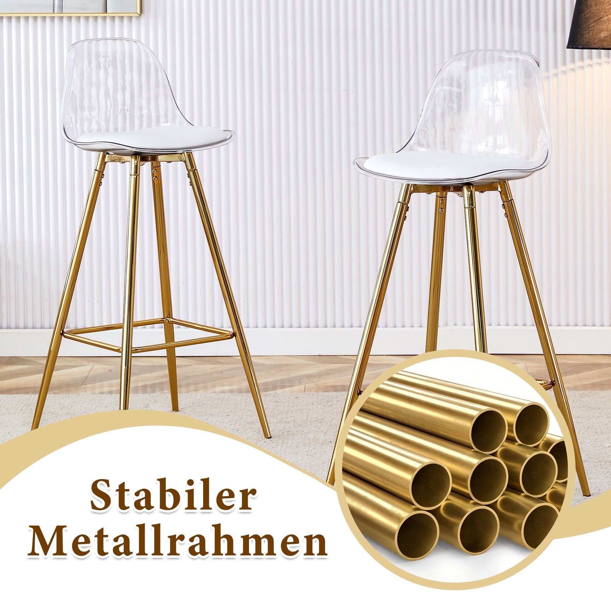 Bar Set Round Glass Table 89cm & 2 Stools Gold Legs