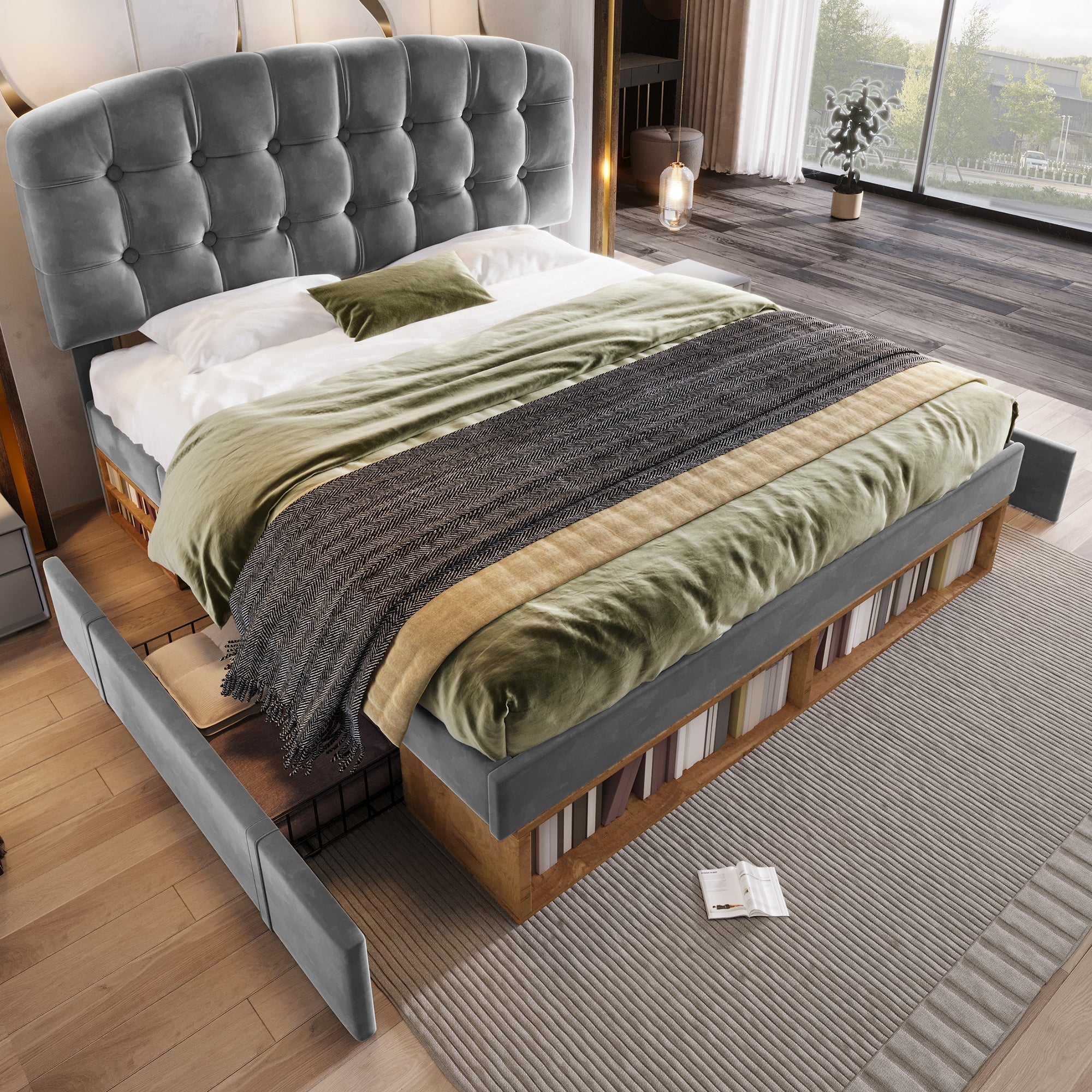 Upholstered Double Bed with Drawers, Storage and Adjustable Headboard, 140x190cm, Grey Velvet