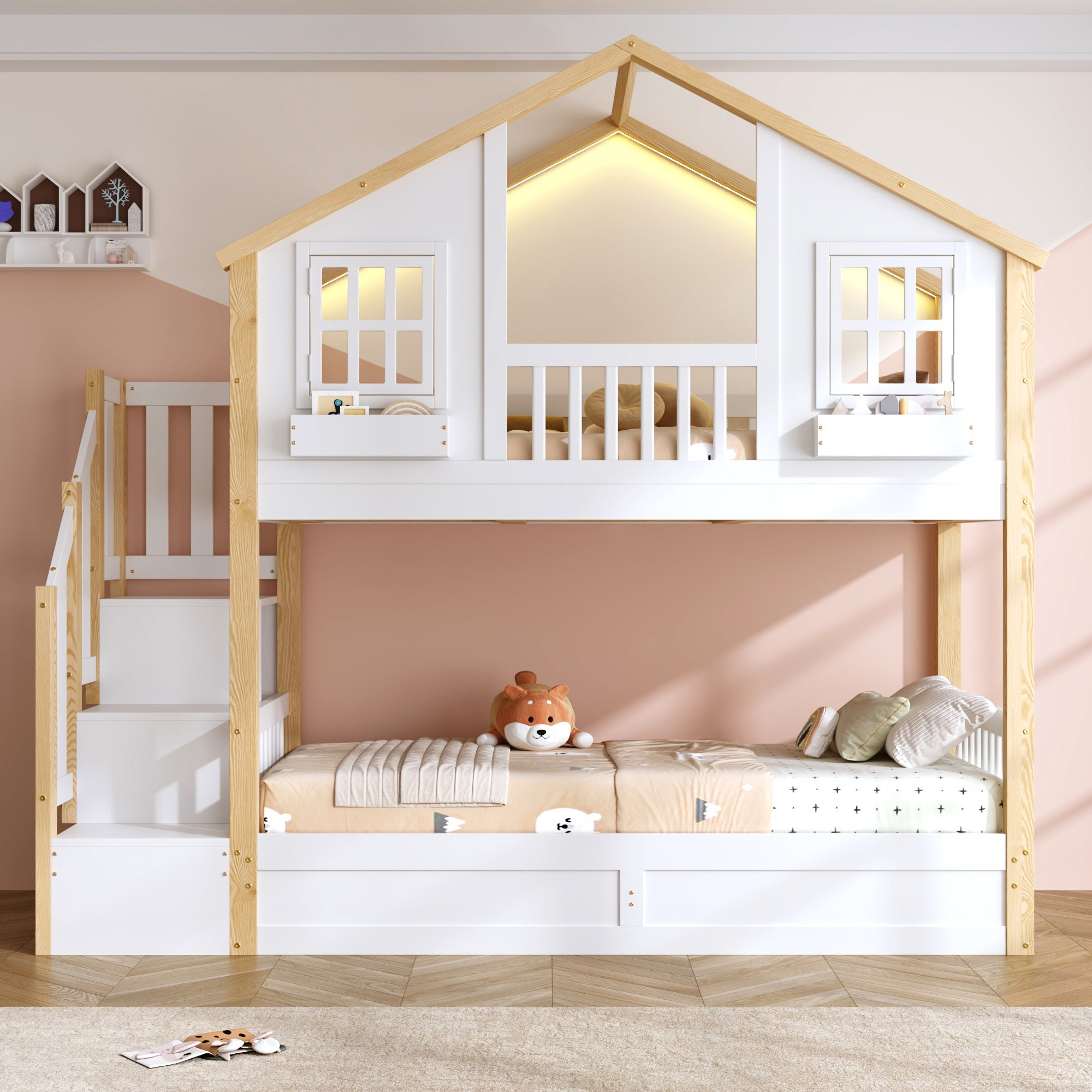 Bunk Bed with Hydraulic Lower Bed, LED Lighting and Storage Stairs, 90x200cm, White and Natural Solid Wood