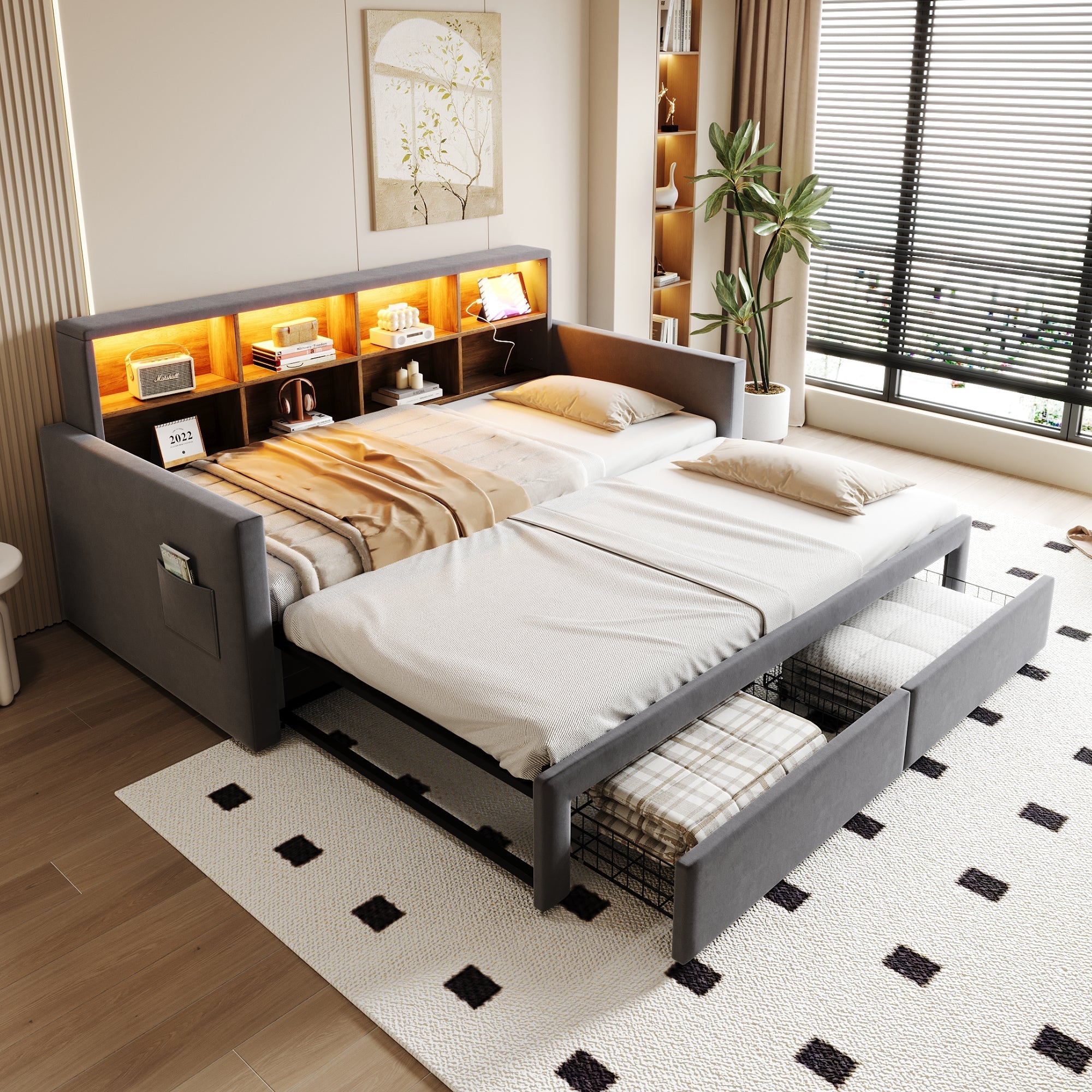 Extendable Upholstered Sofa Bed with Storage Headboard, LED Lights and Charging Ports, Dark Grey Velvet