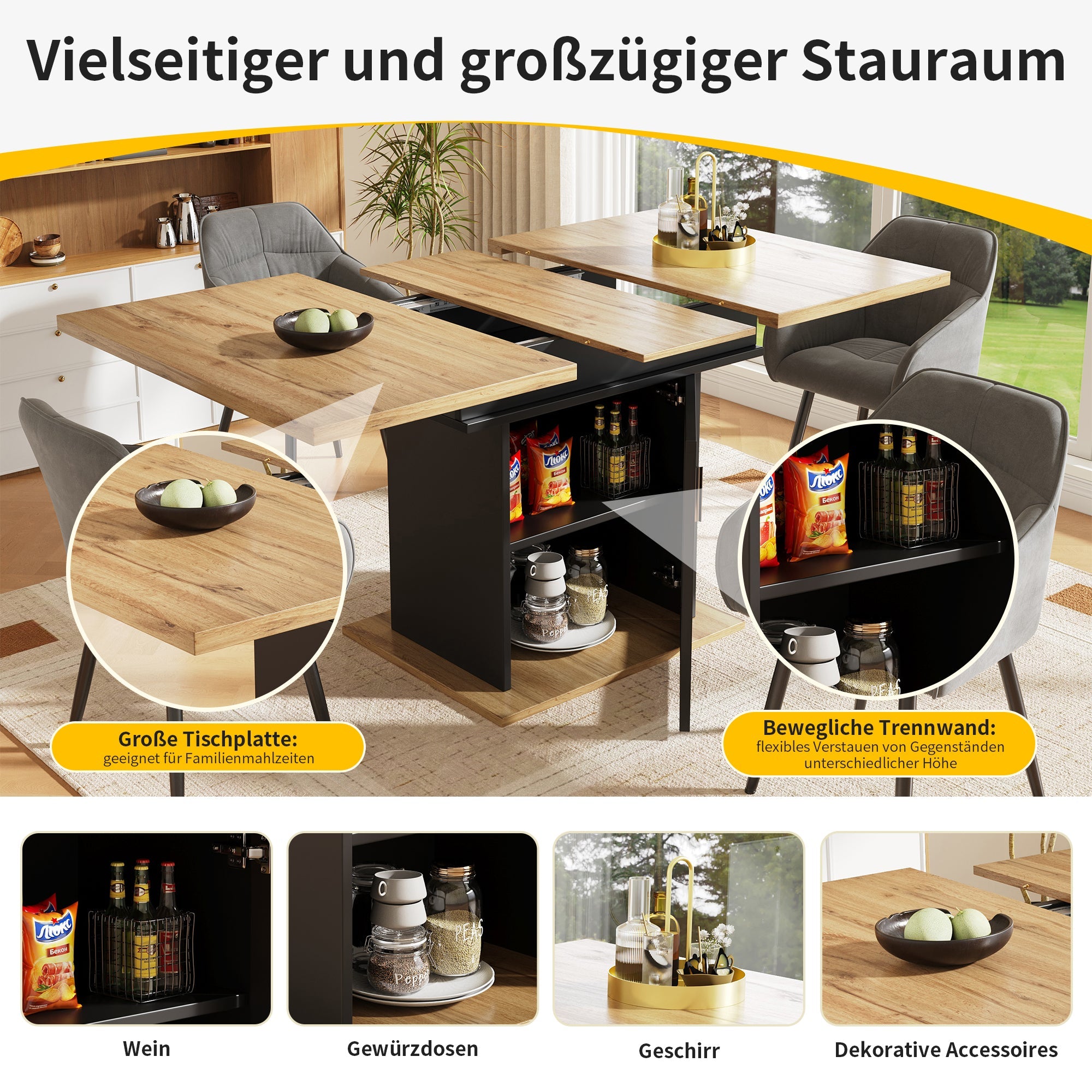 Telescopic Dining Table Extendable Space-Saving Storage Shelf natural + black