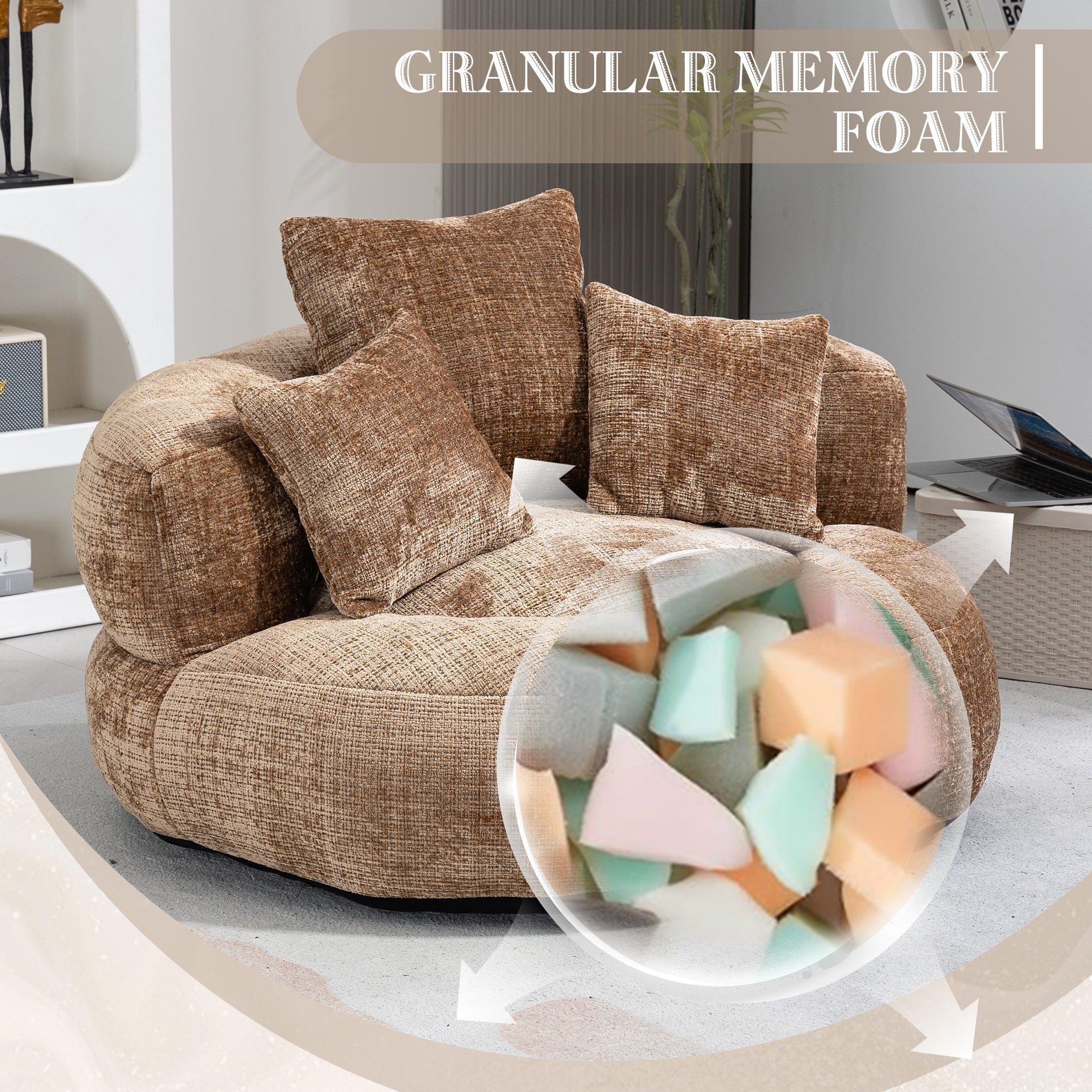 COOLMORE Lazy Sofa, Durable Comfort Lounger with Three Pillows, Coffee Chenille