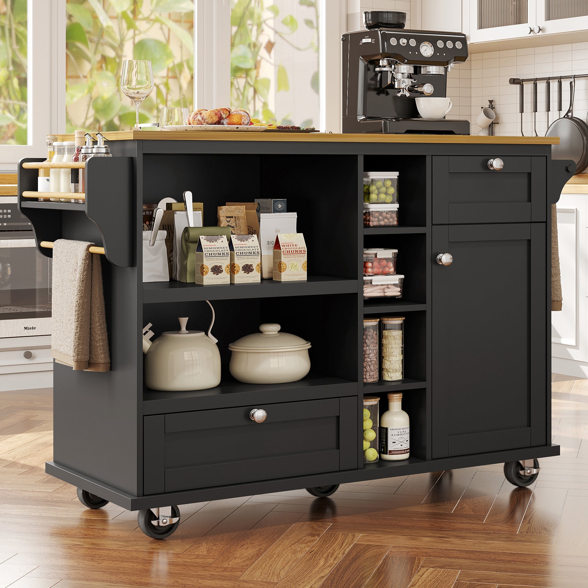 Dining Trolley Mobile Kitchen Storage Cabinet with Drawers, Black/Light Brown Wood