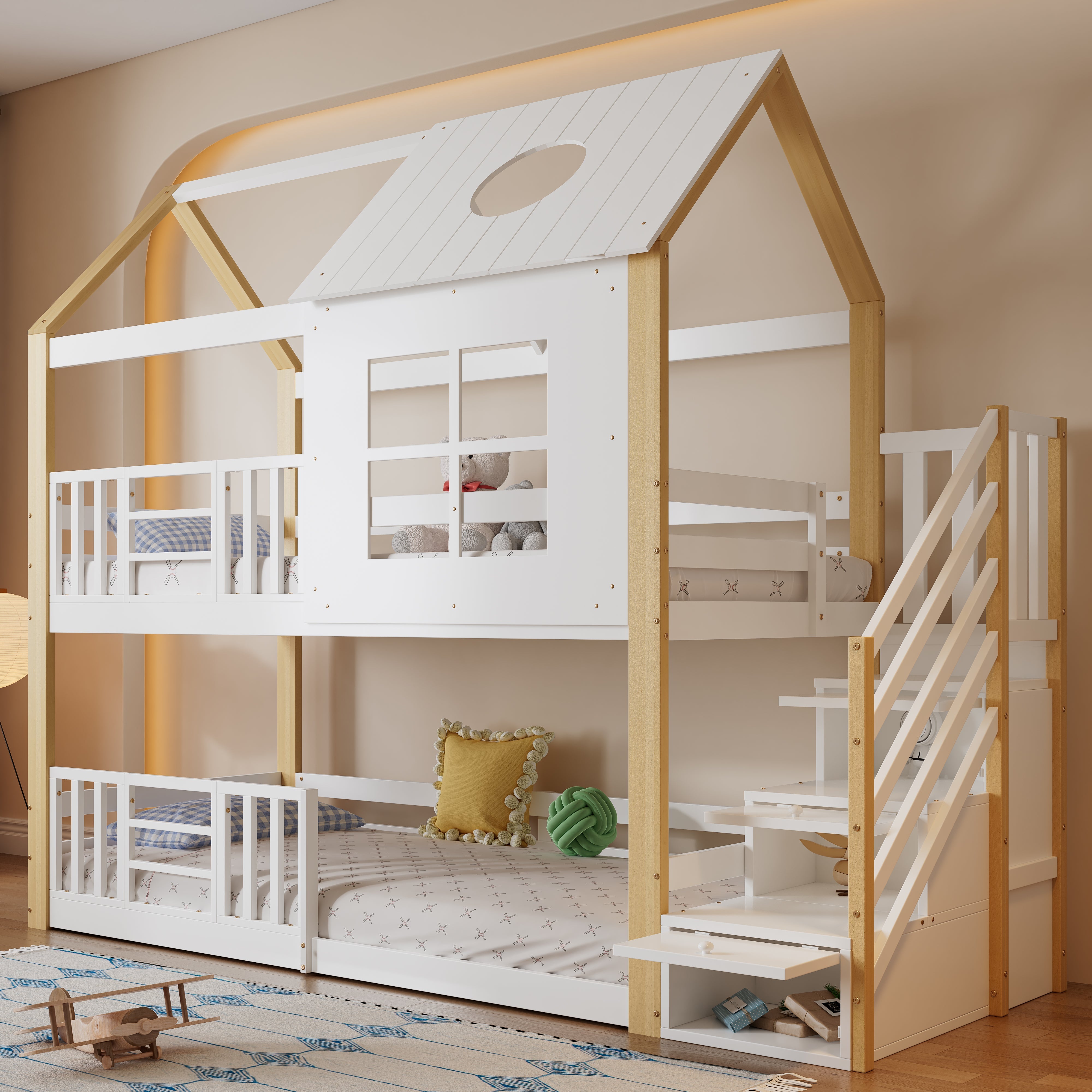 Bunk Bed, Storage Ladder House Bed with Safety Gate, Window & Roof, Pine+MDF White+Natural, 90x200cm