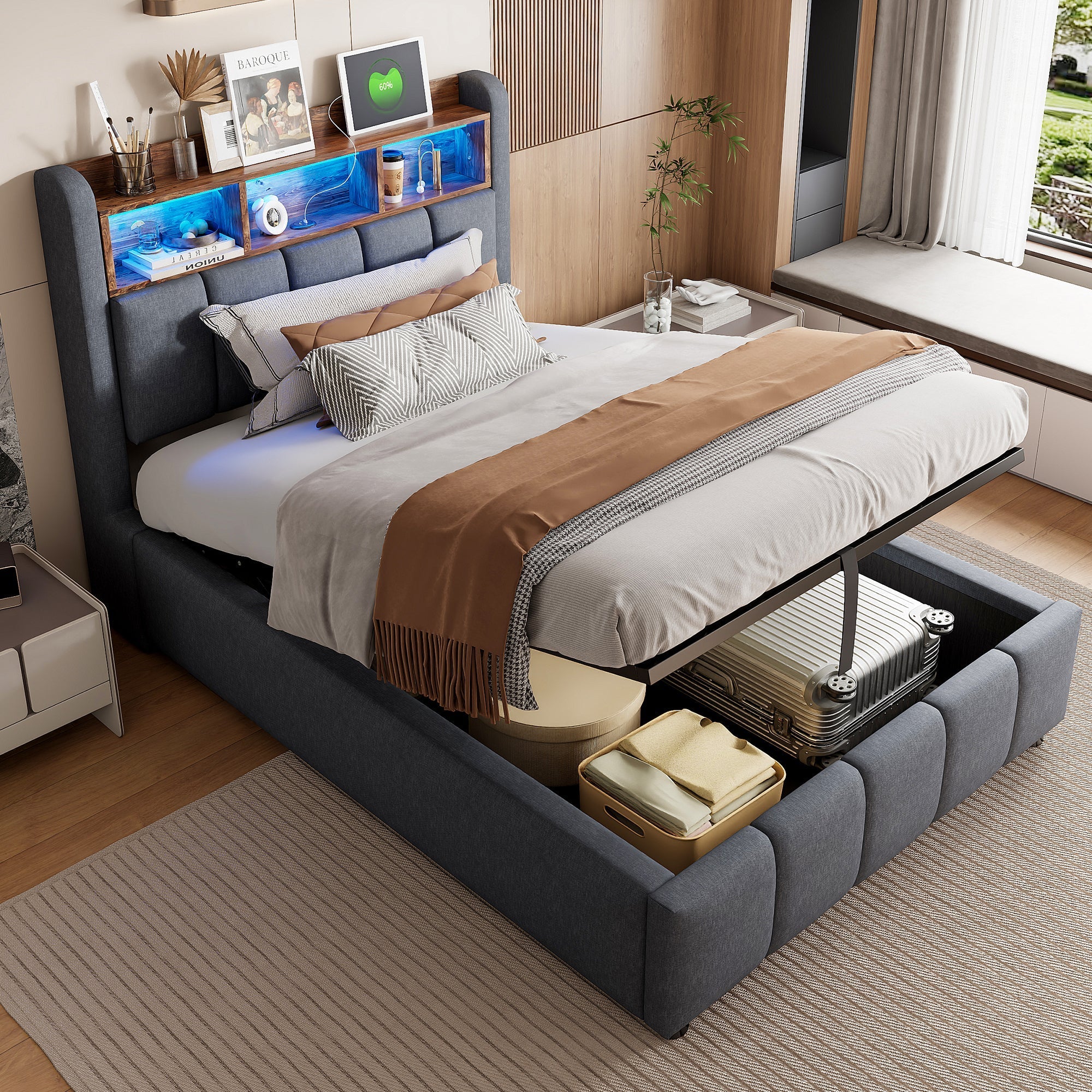 Upholstered Bed 90x200cm LED/USB Headboard Storage Hydraulic Single Linen Grey
