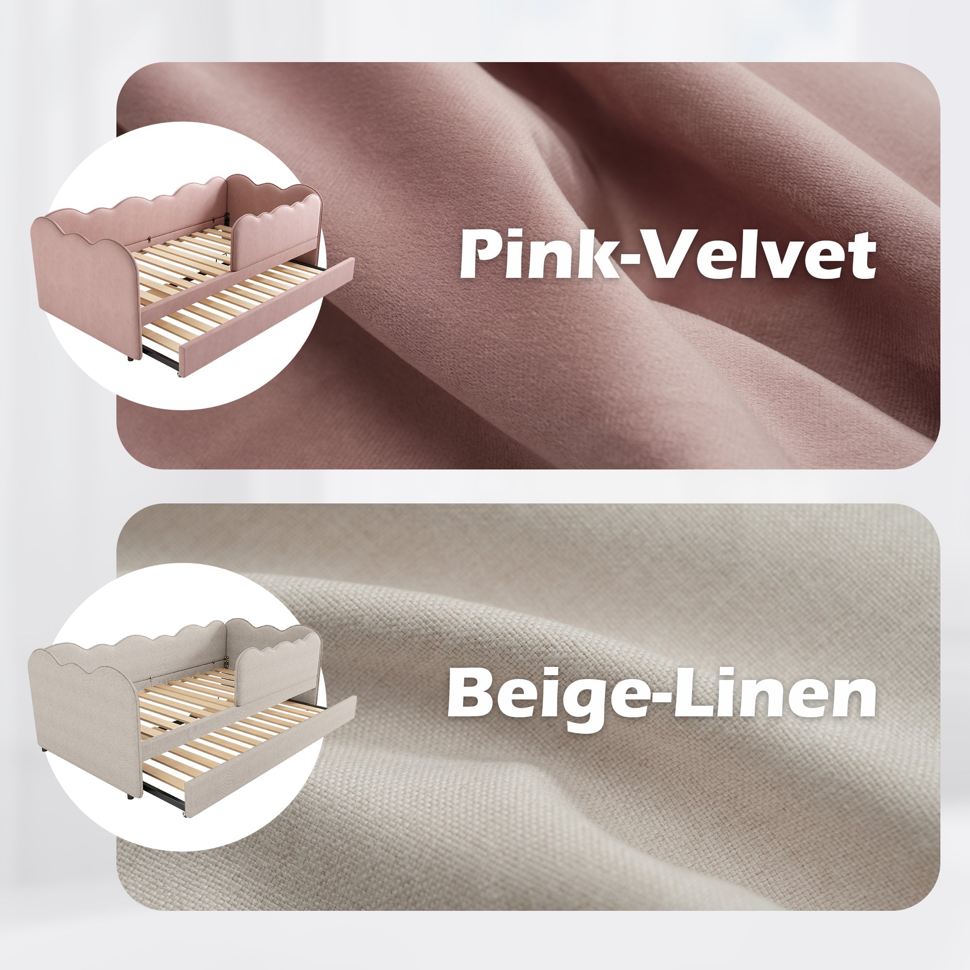 Upholstered Bed Daybed 90x190cm 3FT Single with Pull Out Trundle and Slatted Frame, Velvet Pink