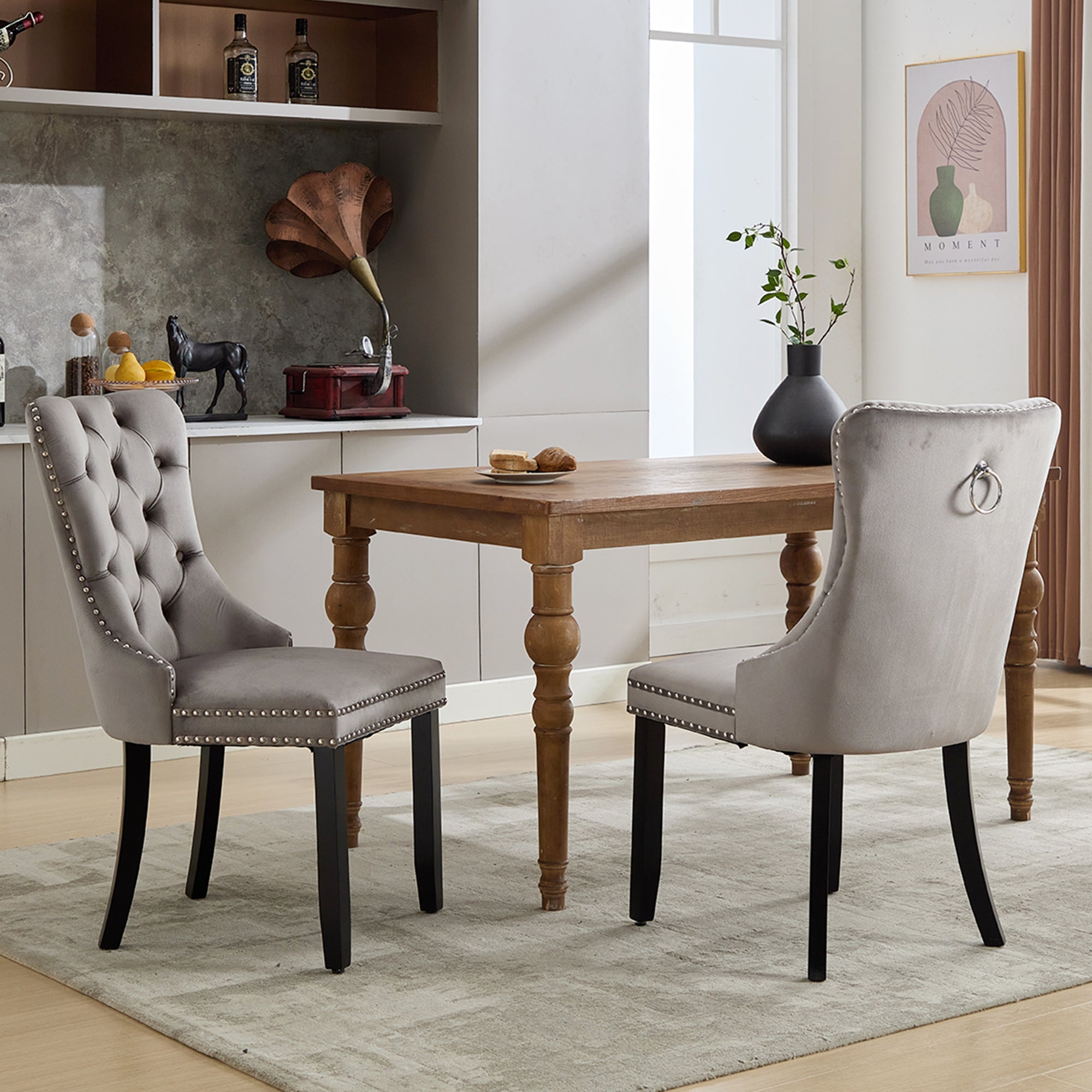 Set of 2 Modern Upholstered Velvet Dining Chairs, Button Tufted with Solid Wood Legs, Riveted Trim and Knocker Ring, Grey