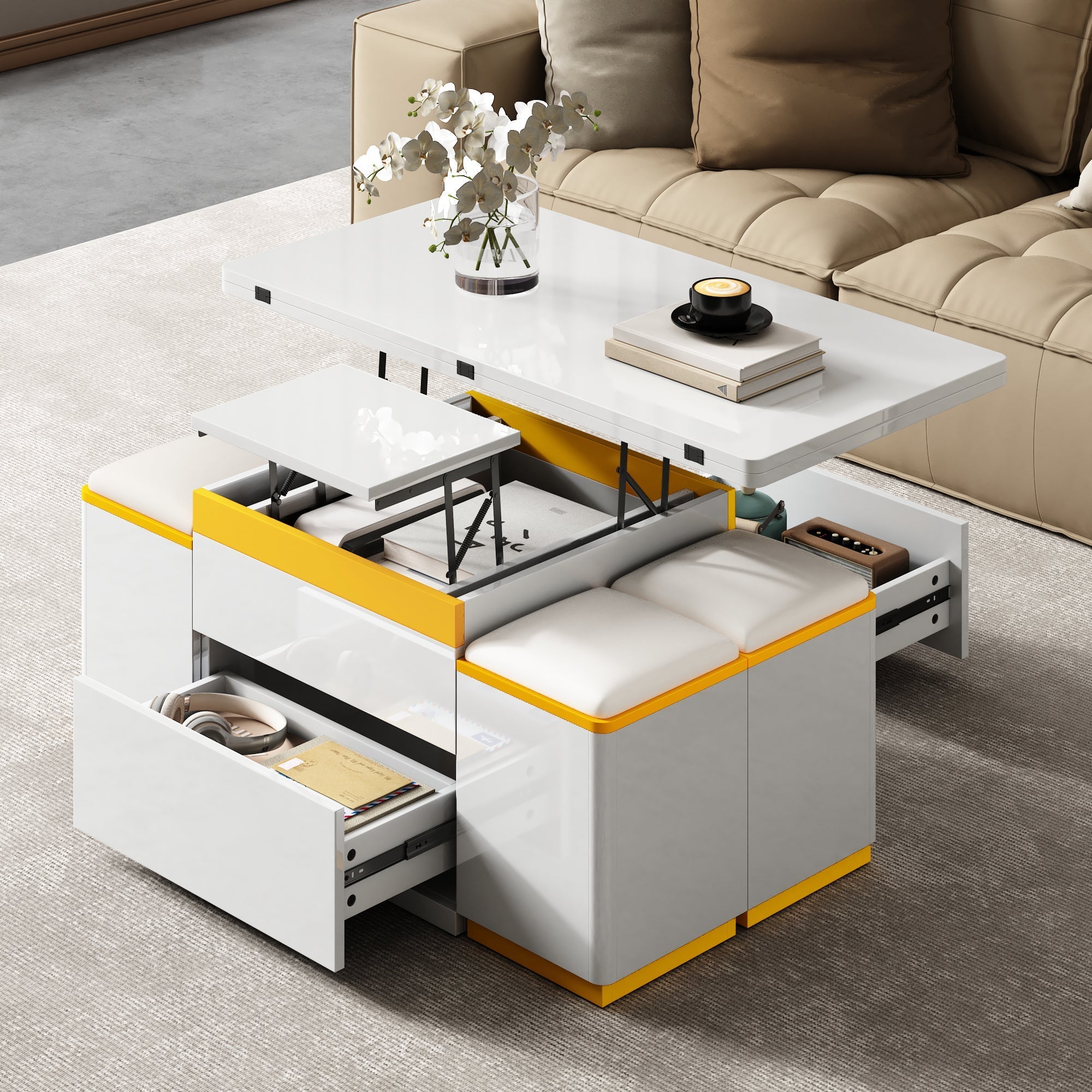 Coffee Table Multifunctional High-Gloss Adjustable Foldable Dining 100x50x43cm - White