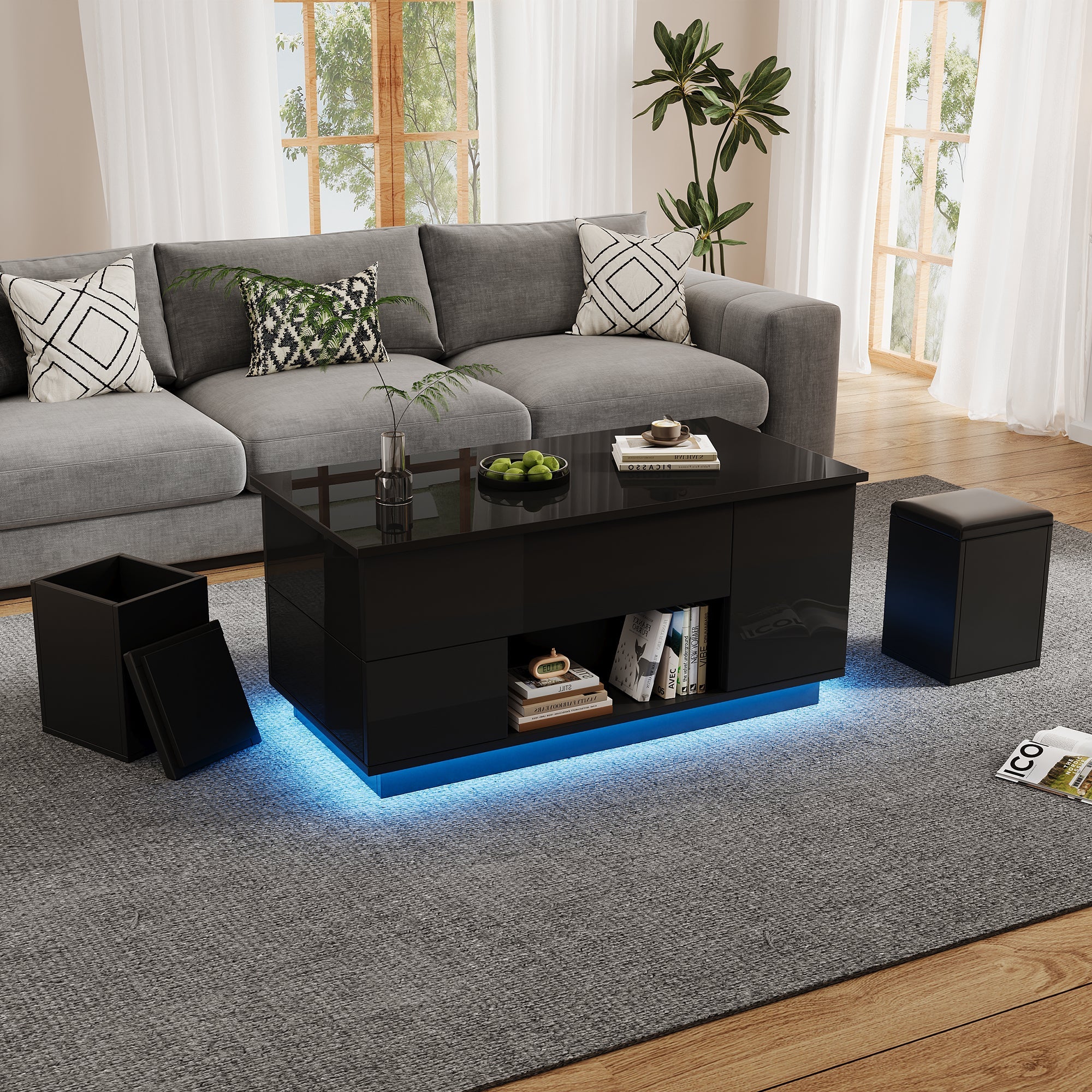 Coffee Table, 4-in-1 Height Adjustable LED with 2 Drawers, High-Gloss Black