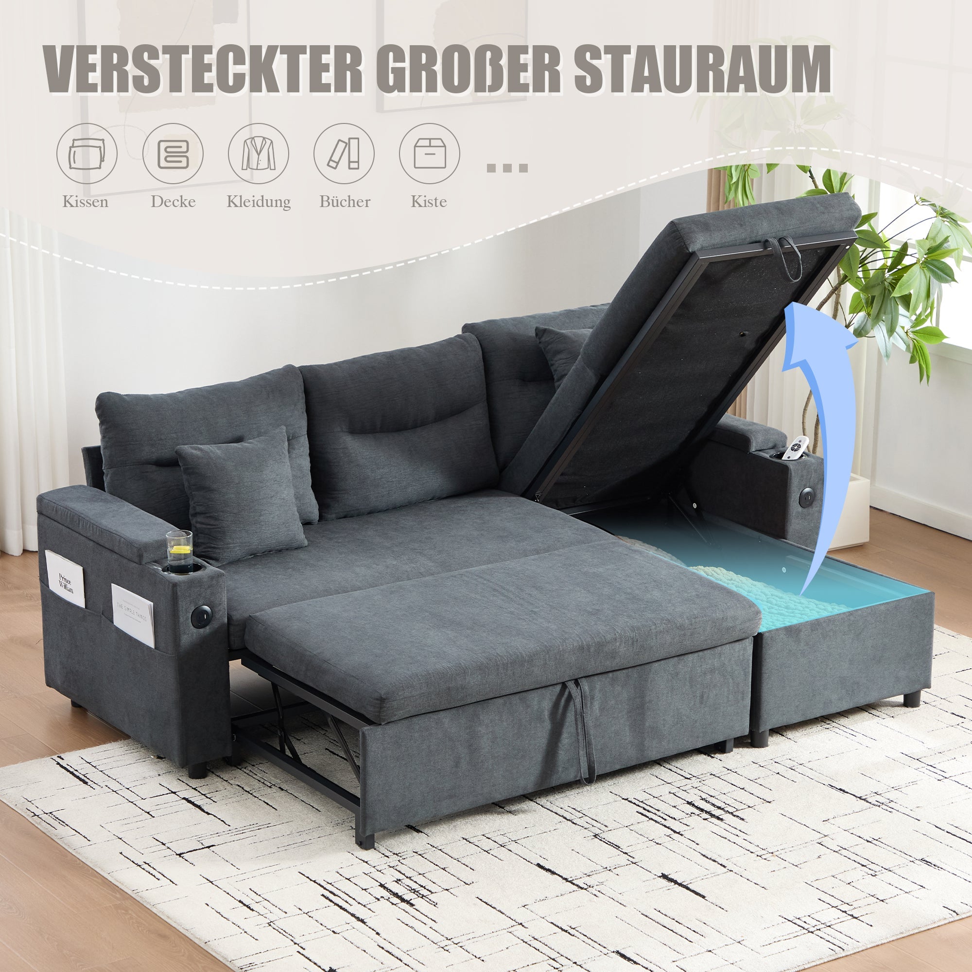 3-Seater Sofa Bed with Storage, Cup Holders and USB-C, Linen Fabric