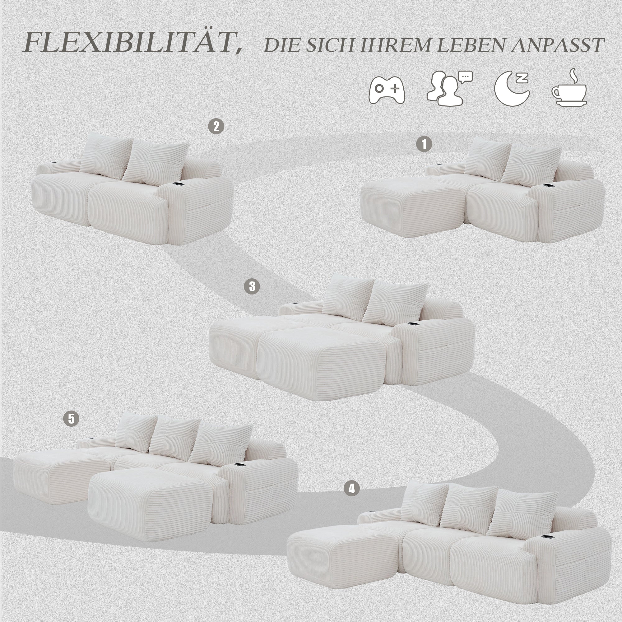 3-Seater Modular Corduroy Sofa with 2 Ottomans, Cup Holders and Storage Pocket, Beige