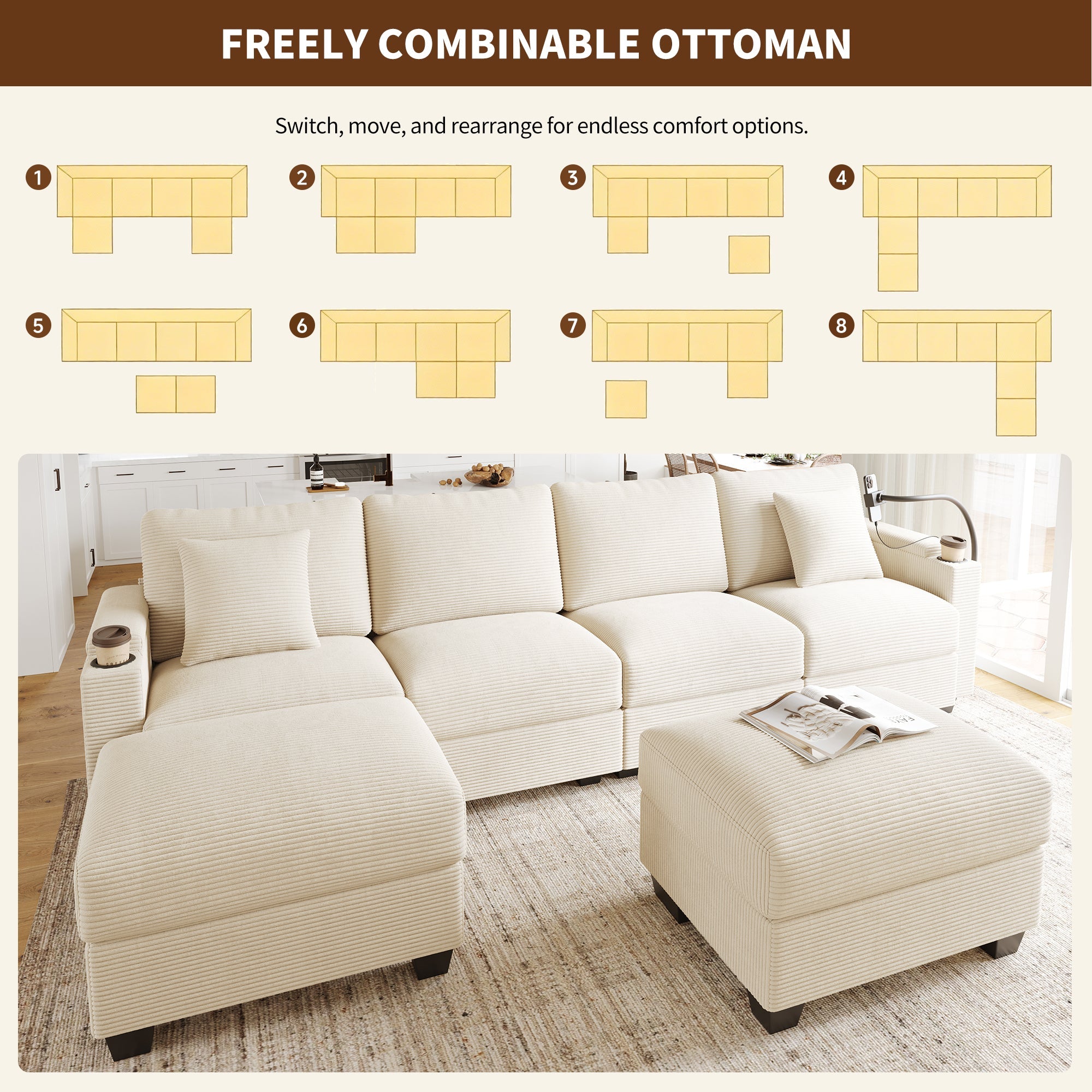 U-Shaped Modular Sofa with Sleeping Function, Phone Holder and USB Port, Beige Corduroy