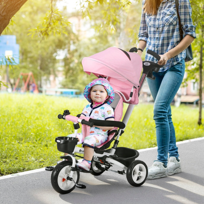 6-in-1 Children's Tricycle with Push Bar, Canopy and Storage Basket, Pink