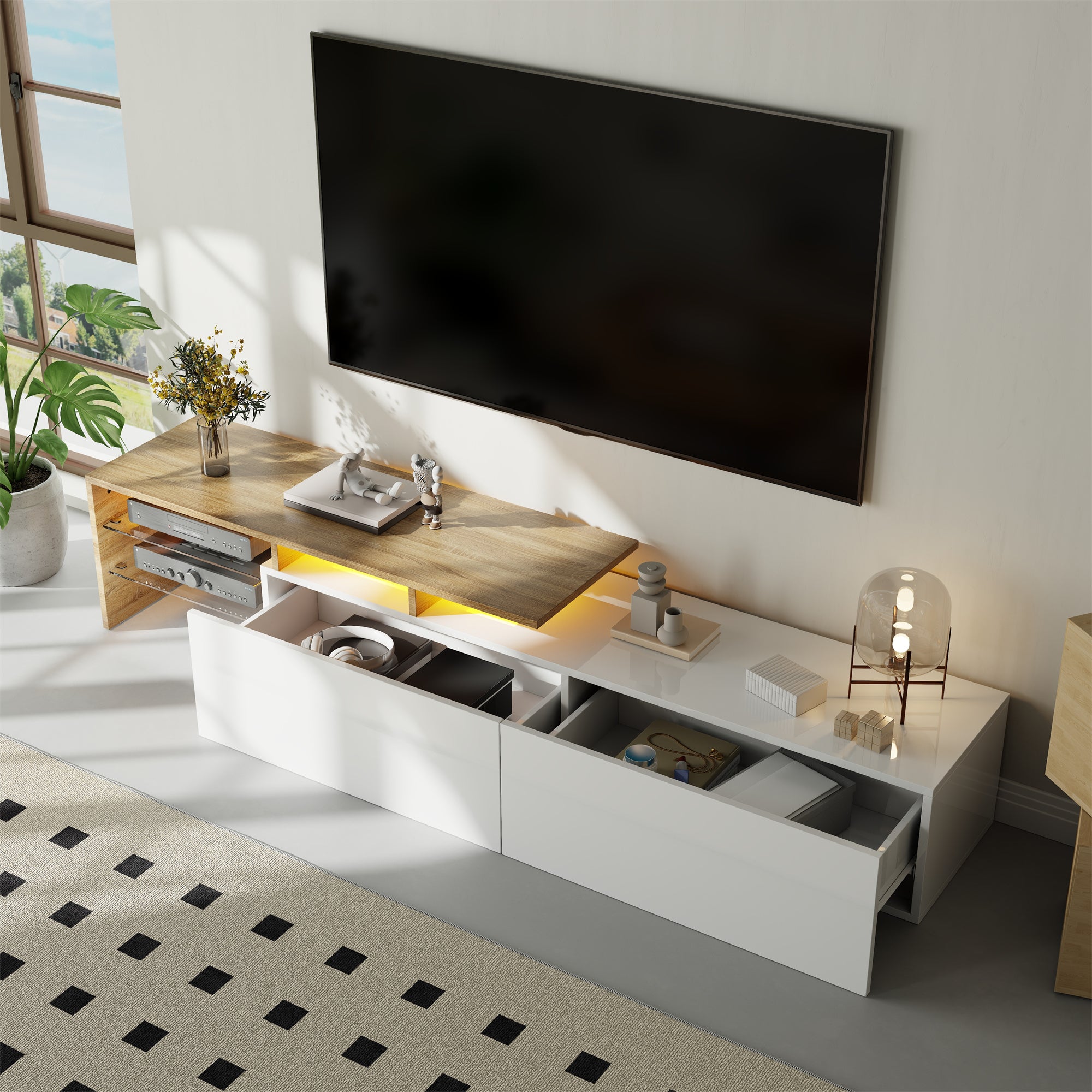 Modern TV Cabinet: Stylish, Elegant, Practical Storage, Glass Shelves, LED Lighting, High-Gloss White and Wood Look