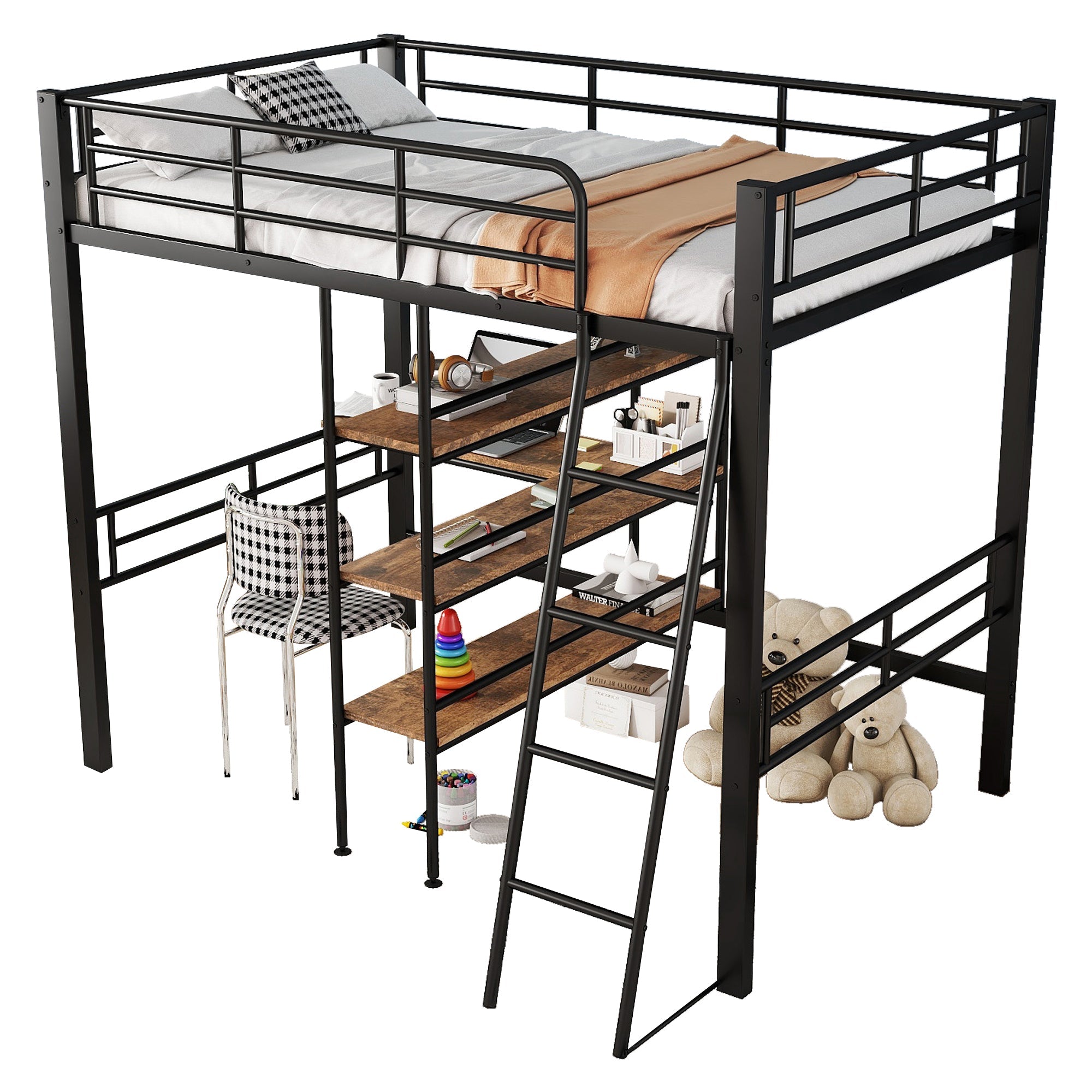 Loft Bed 90x200cm Iron Frame with Desk Multiple Shelves Black