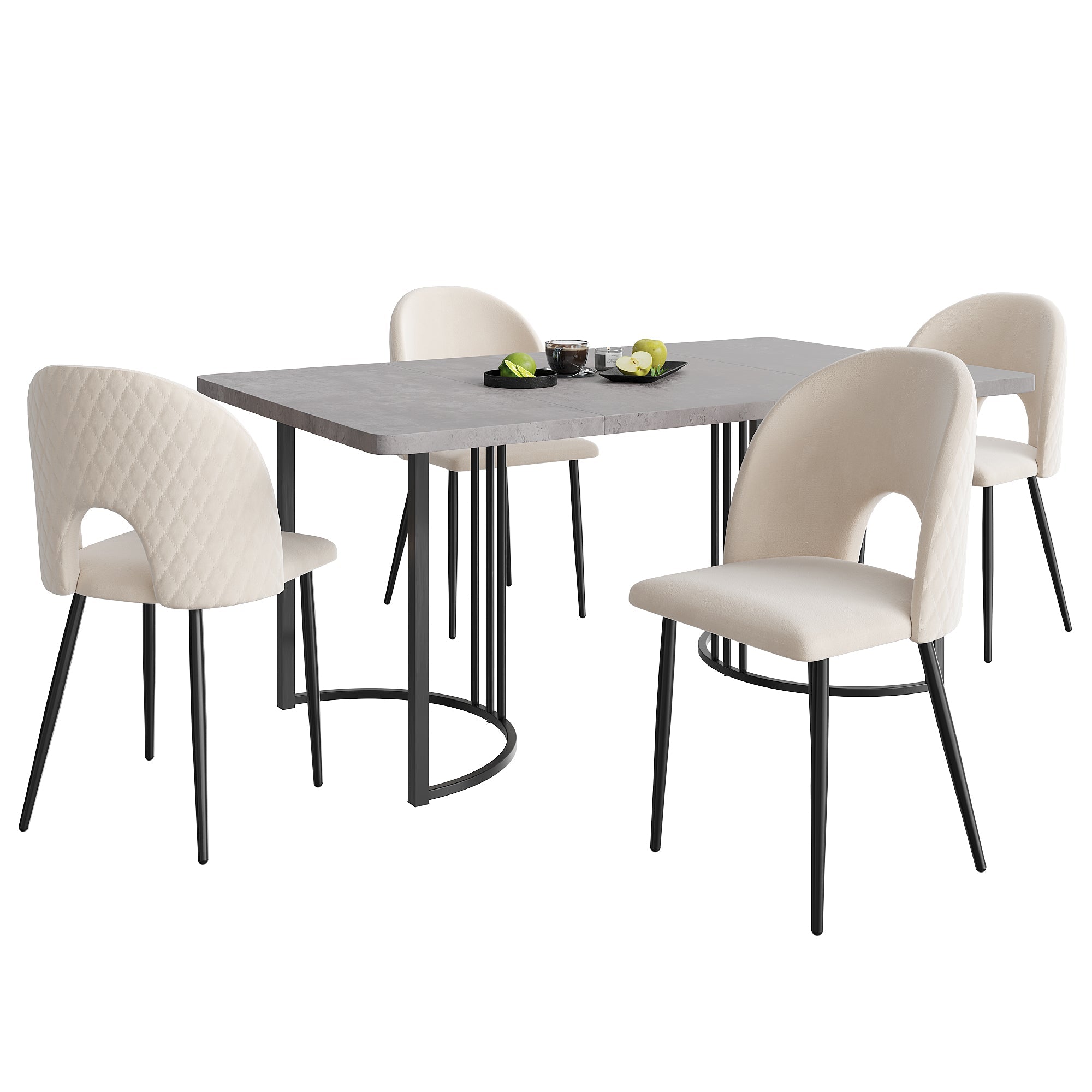 Dining Set, 140x80cm Table with 4 Velvet Chairs, Beige & Gray