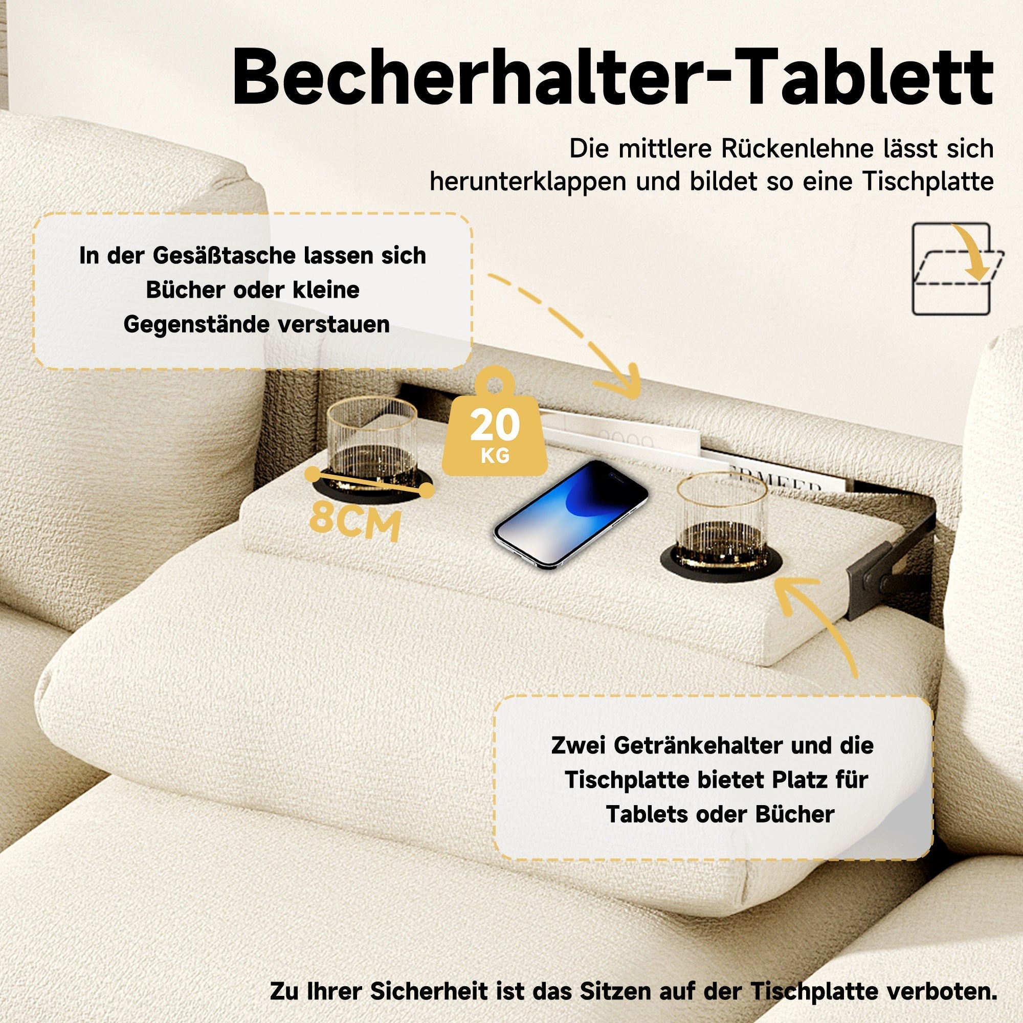 Three-seater Sofa Modern Folding Table USB Port Drink Holder Storage - Chenille
