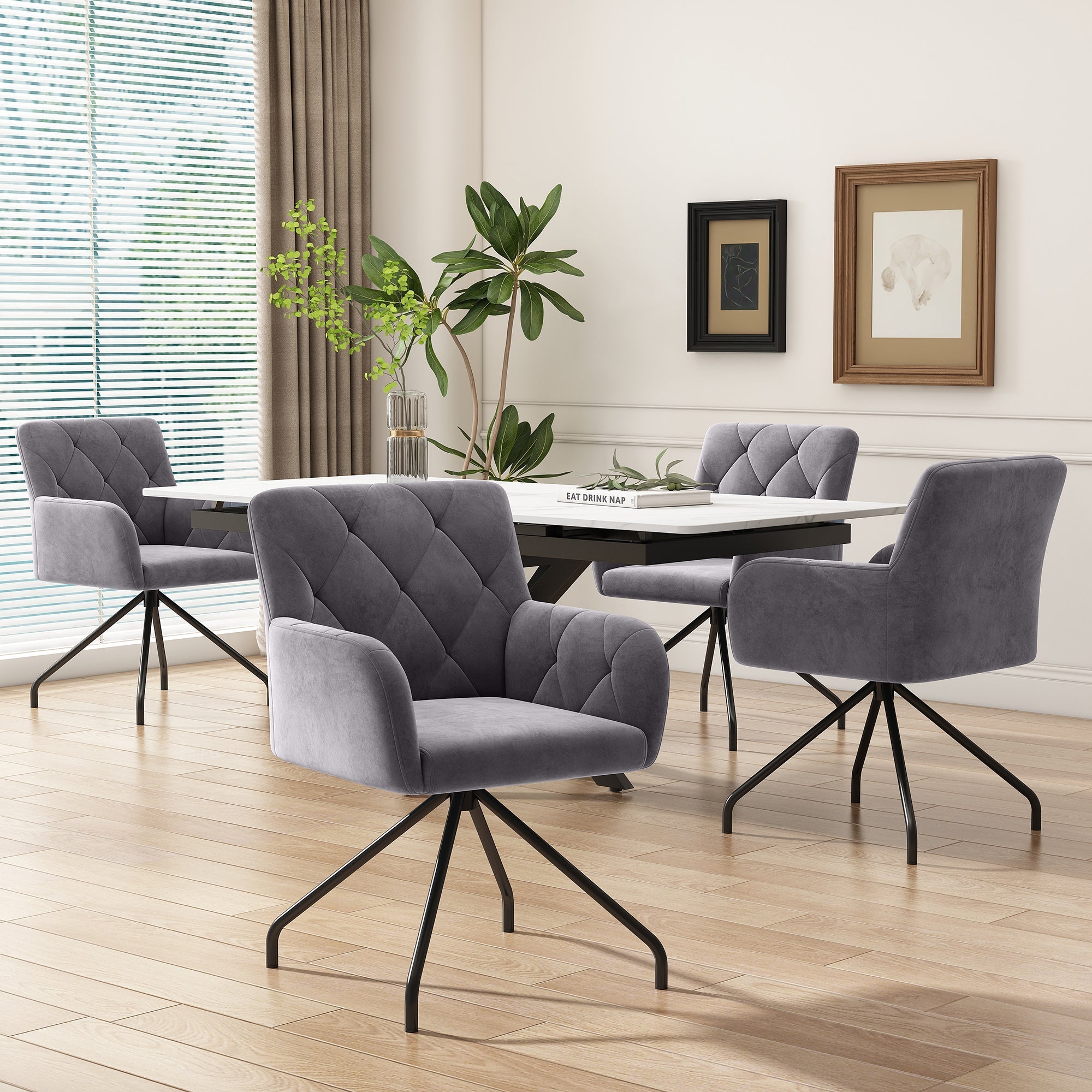 Set of 6 Dining Chairs with Diamond Pattern and Lumbar Support, Grey Velvet
