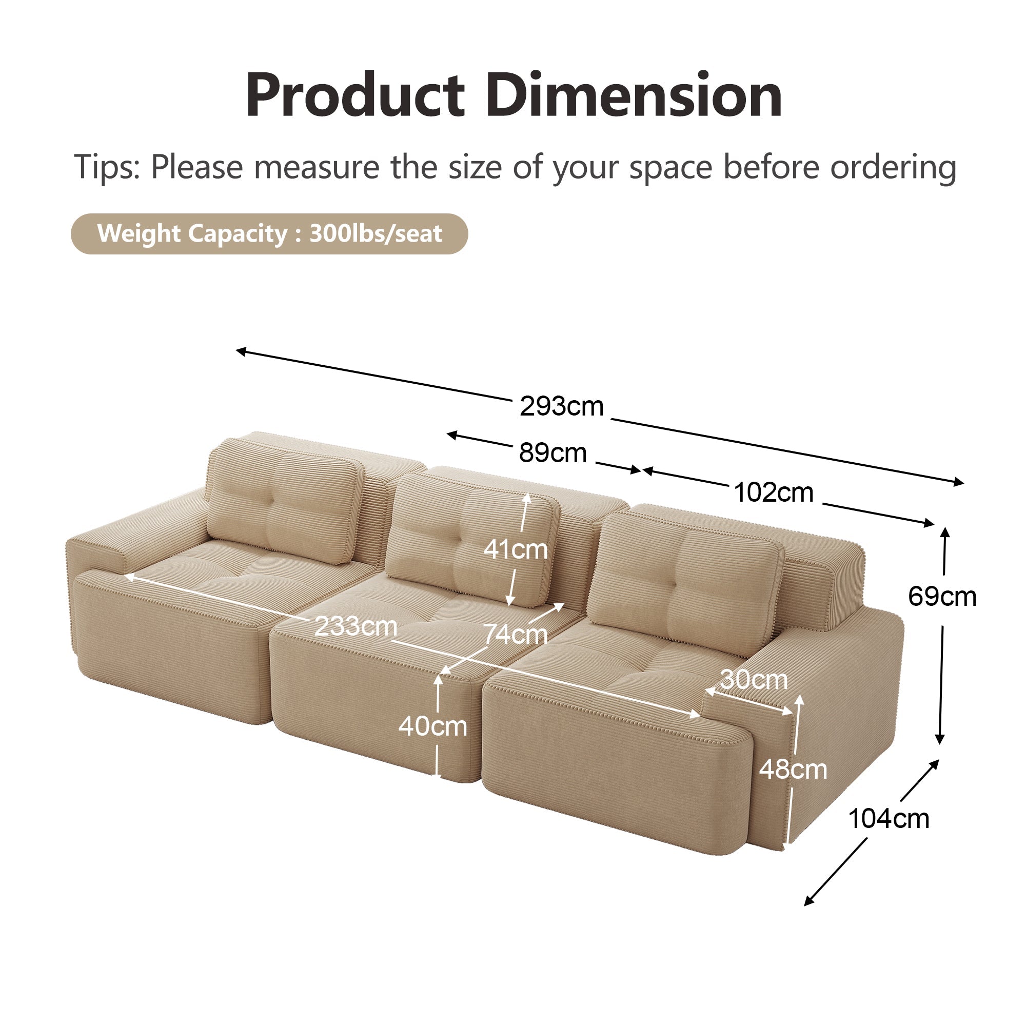 Cloud Modular Sofa Oversized 3-Seater Low Seat Corner Corduroy Beige