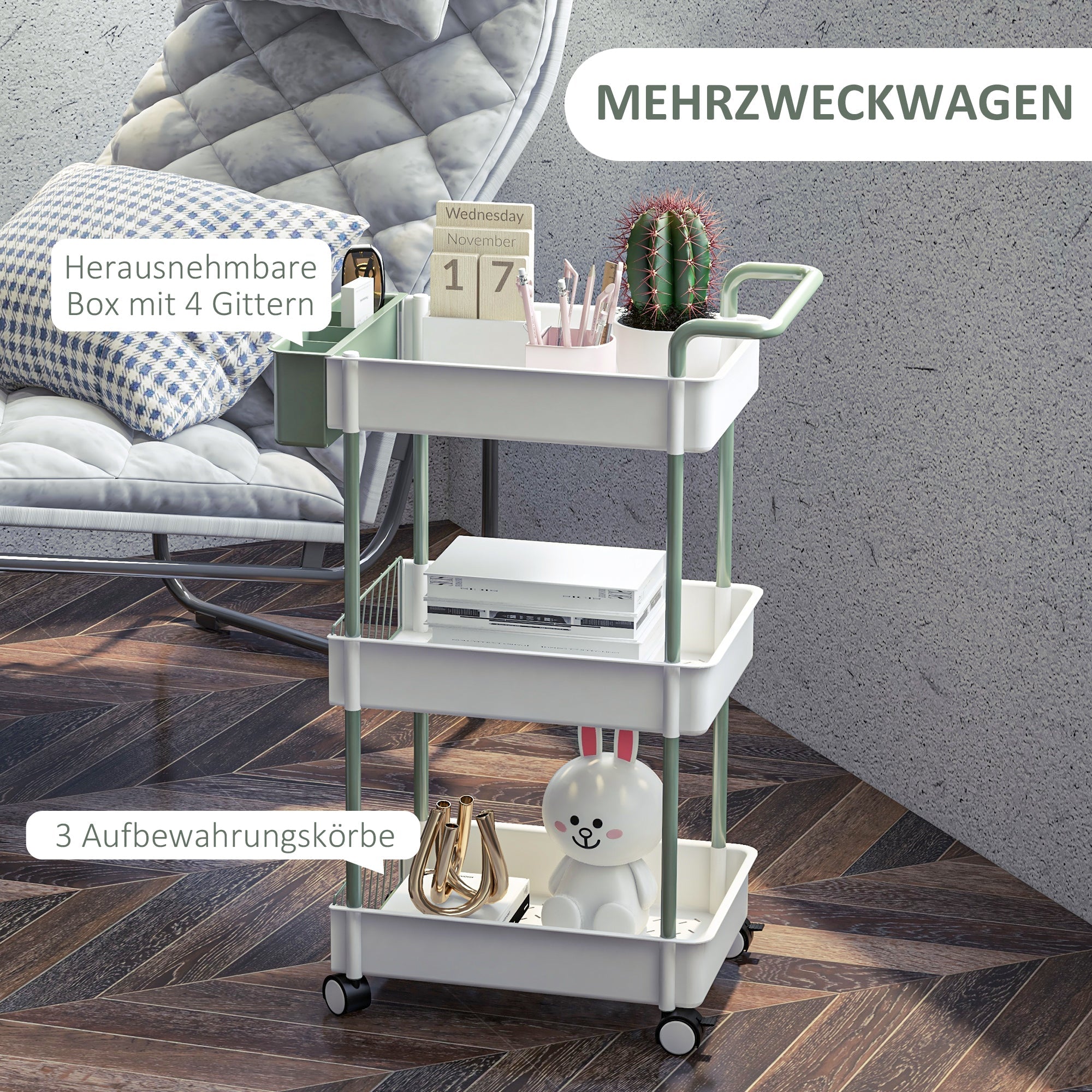 Rolling Serving Cart, 3 Tier Hanging Basket, Steel White