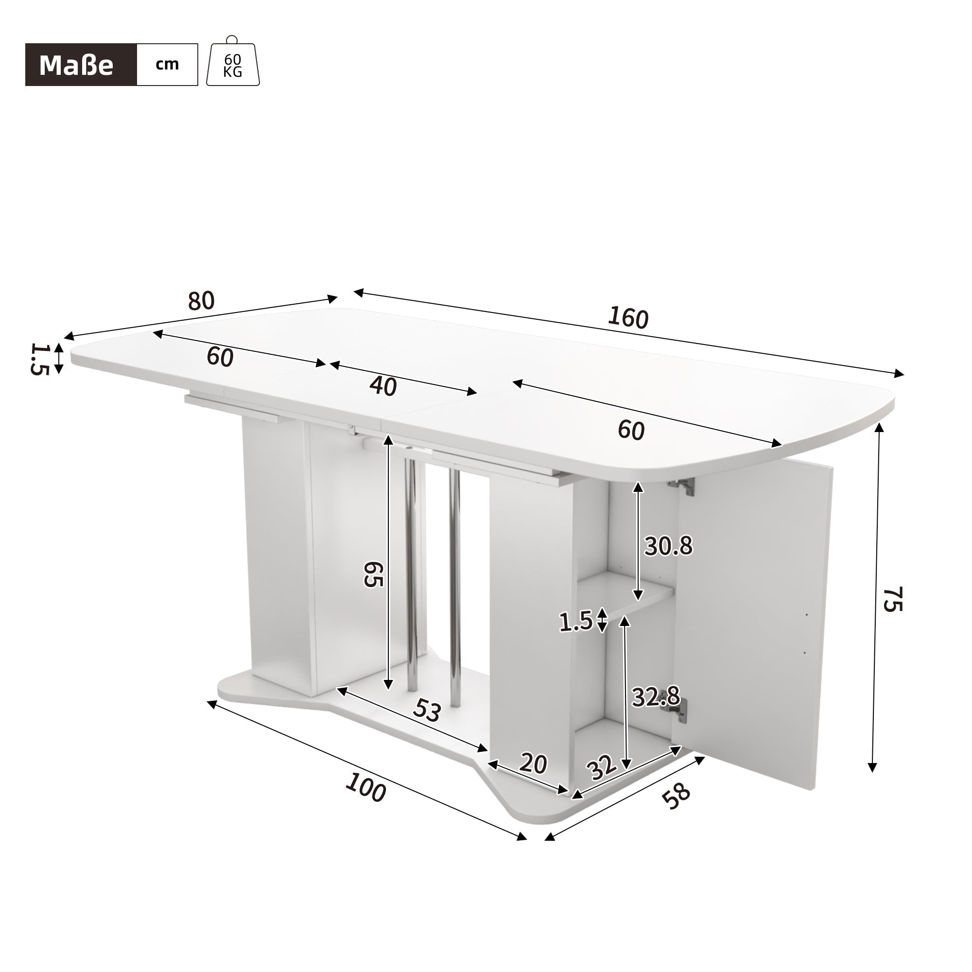 Extendable Dining Table 120/160x80cm Modern Storage - White/Silver Legs