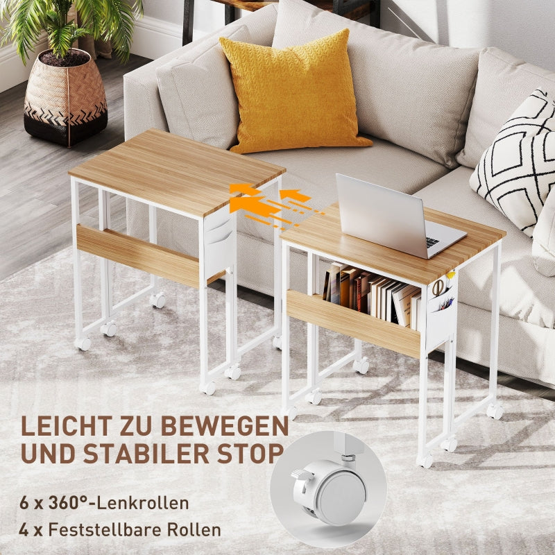 Folding Desk small 63 cm with wheels, shelf, storage bag, natural